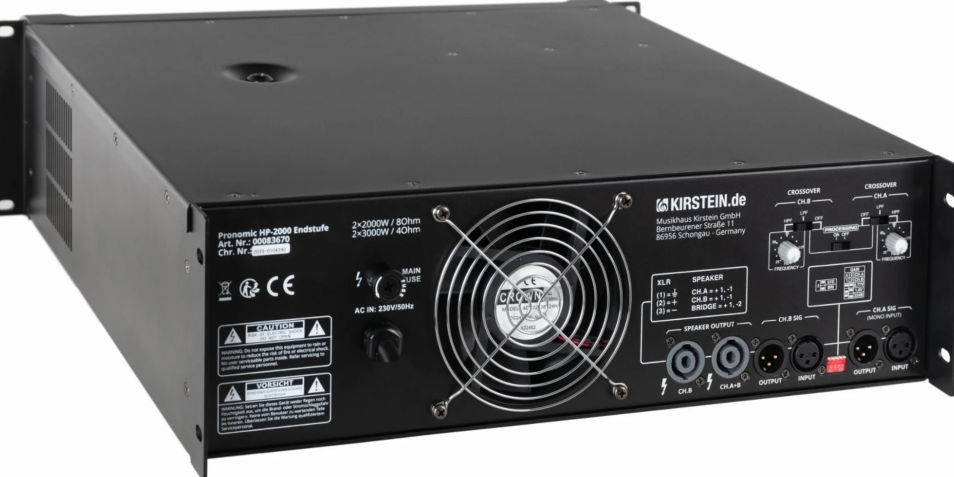 Pronomic HP-2000 Endstufe 2x 3000 Watt - Ausgangsleistung (4 Ohm): 2x 3000 Watt - Zuschaltbare Hoch-/Tiefpassfilter mit einstellbarer Crossover-Frequenz - Wählbare Eingangsverstärkung - Schwarz