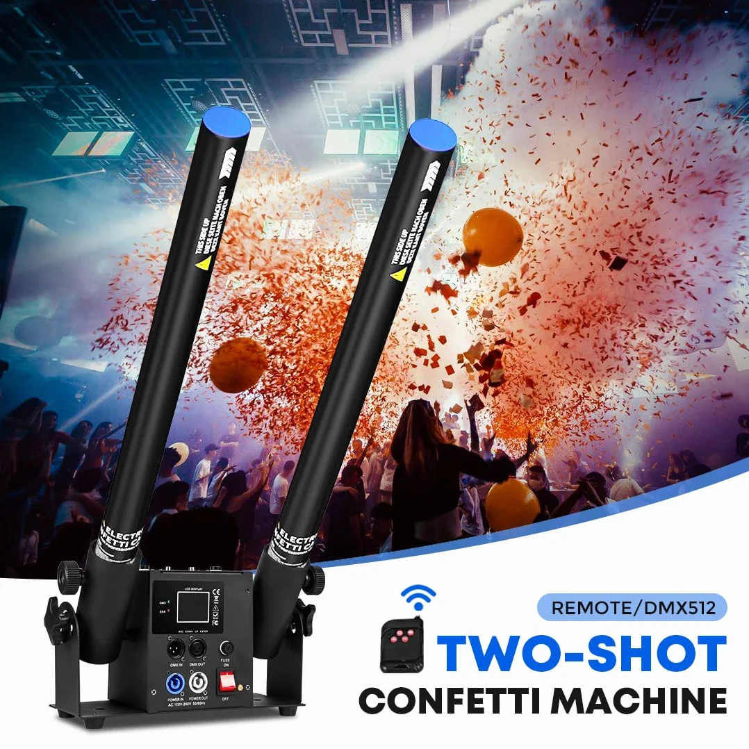 2 Kopf Konfettimaschine, Konfetti Gebläse Maschine, Double Shot Streamer Launcher Elektrischer Konfettiblaster, DMX Fernsteuerung(2 Stück)