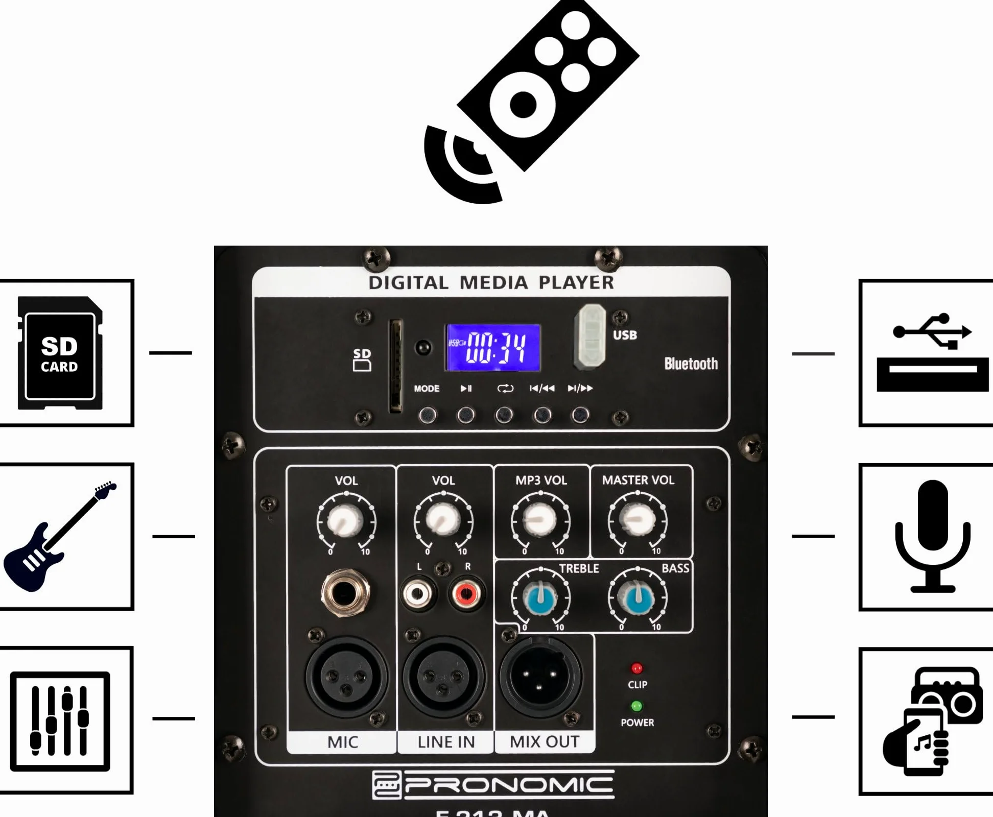 Pronomic E-212 MA Stereo Set - 2 aktive 2-Wege Boxen - Leistung: 2X 120 Watt (RMS) - 12" Woofer + 1,0" Kompressions-Treiber - Bluetooth-Empfänger und MP3-Player mit USB/SD - Monitorschräge