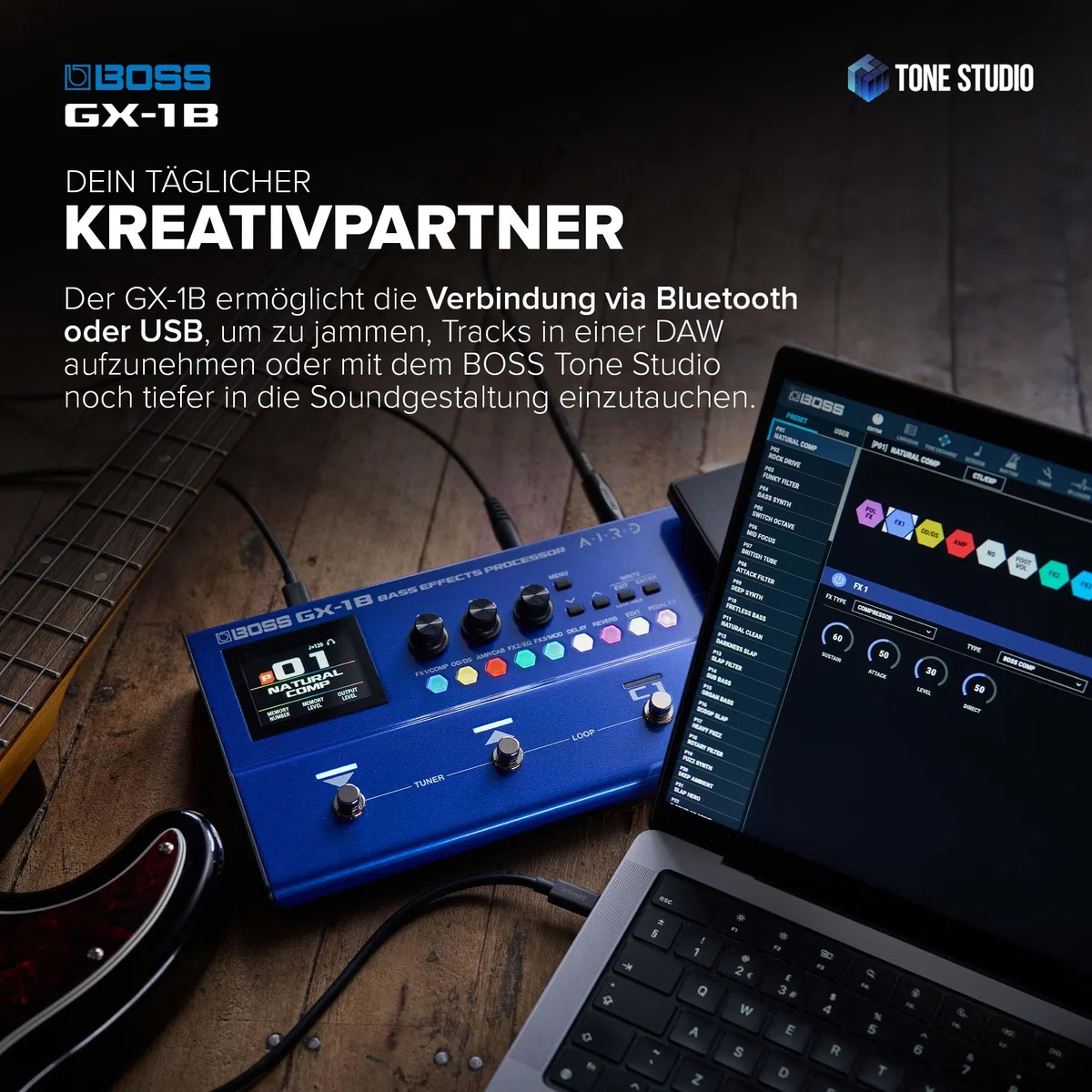 BOSS GX-1B | Ultraportabler Bass-Effektprozessor | Legendäre Verstärker & Effekte | Hochwertige AIRD Soundengine | Ideal für Bass-Einsteiger | Bluetooth-Verbindung | Flexible Leistungsoptionen