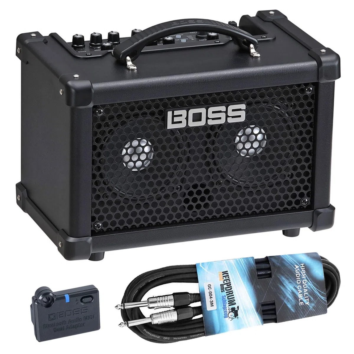 Boss Dual Cube Bass LX Bass-Verstärker mit BT-Dual Bluetooth Adapter und keepdrum Kabel