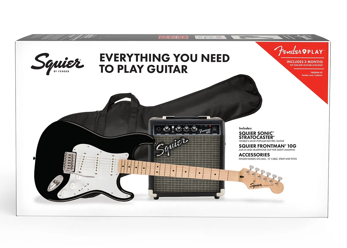 Squier by Fender Sonic Stratocaster Electric Guitar Pack, Maple Fingerboard, Black, Gig Bag, Squier Frontman 10G Amp - 230V EU, Inklusive kostenloser virtueller Kurse auf Fender Play