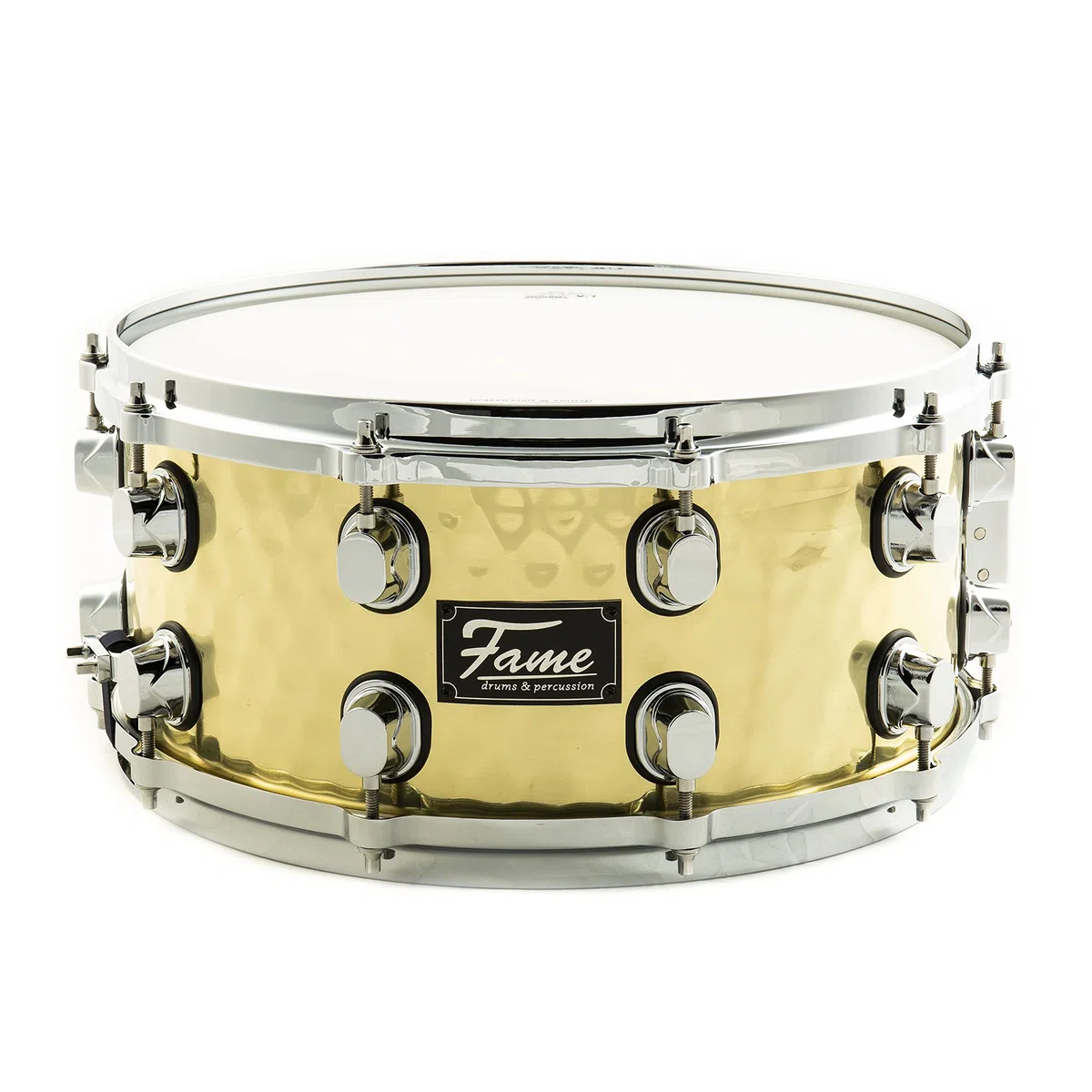 Fame FSB-65 Hammered Brass Snare Drum, 14"x6.5", Professionelle Qualität, Gehämmerter Messing Kessel, 10 Stimmschrauben, Gußspannreifen, Inklusive Drum Sticks, Gold"