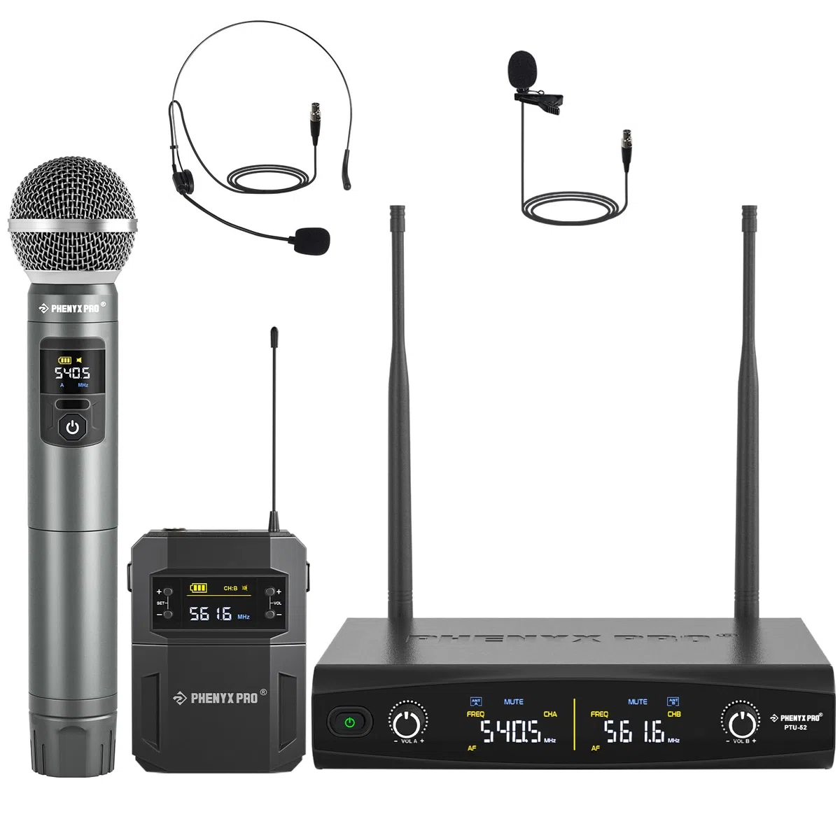 Phenyx Pro Kabelloses Mikrofon-Set mit Handmikrofon/Bodypack/Headset/Lavalier-Mikrofonen, 2x30 UHF-Frequenzen, ideal für Gesang, Karaoke, Kirche, DJ (PTU-52B)