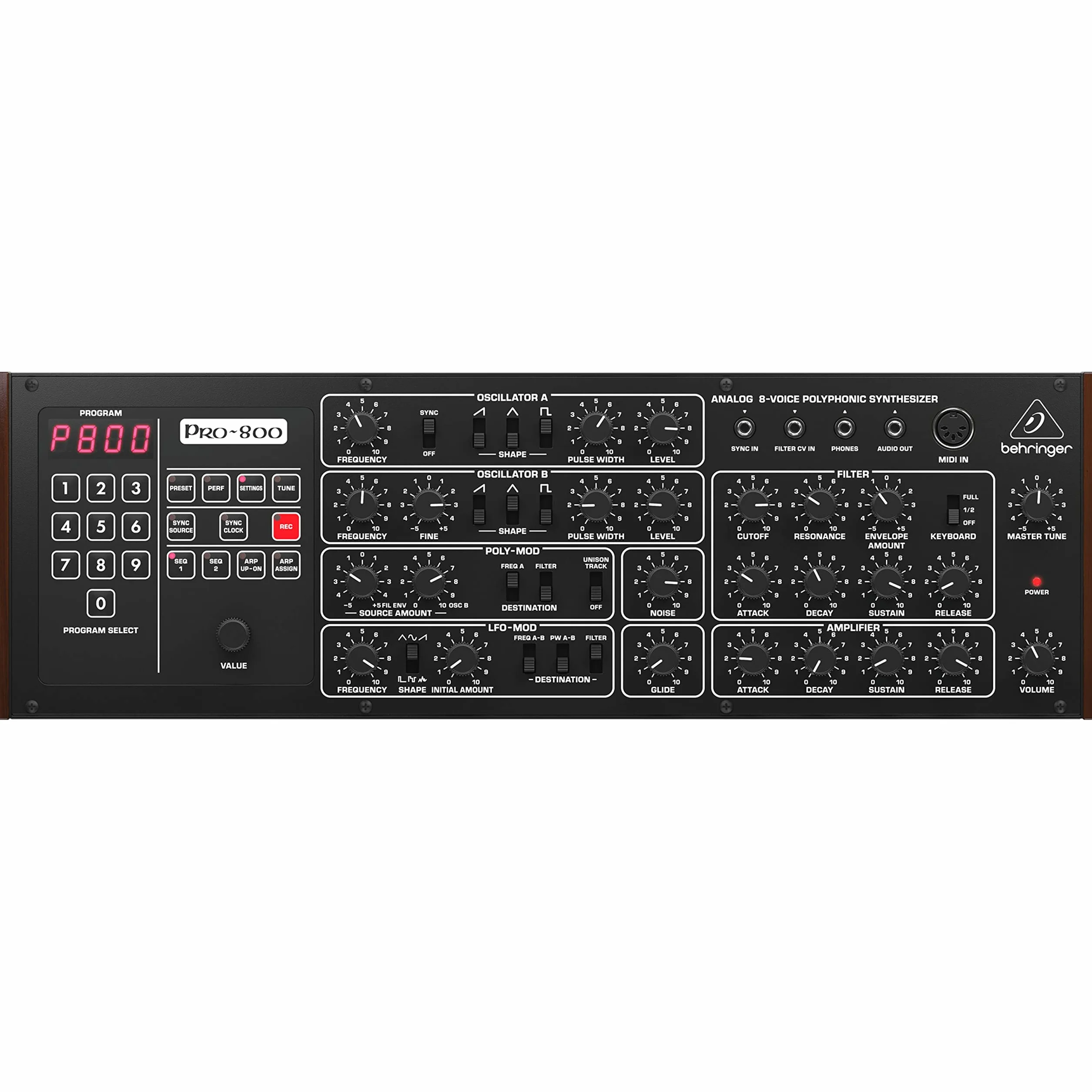 Behringer PRO-800 Klassischer analoger 8-stimmiger polyphoner Synthesizer mit 2 VCOs, klassischem VCF, Arpeggiator, Sequenzer und 400 Programmspeichern im Eurorack-Format