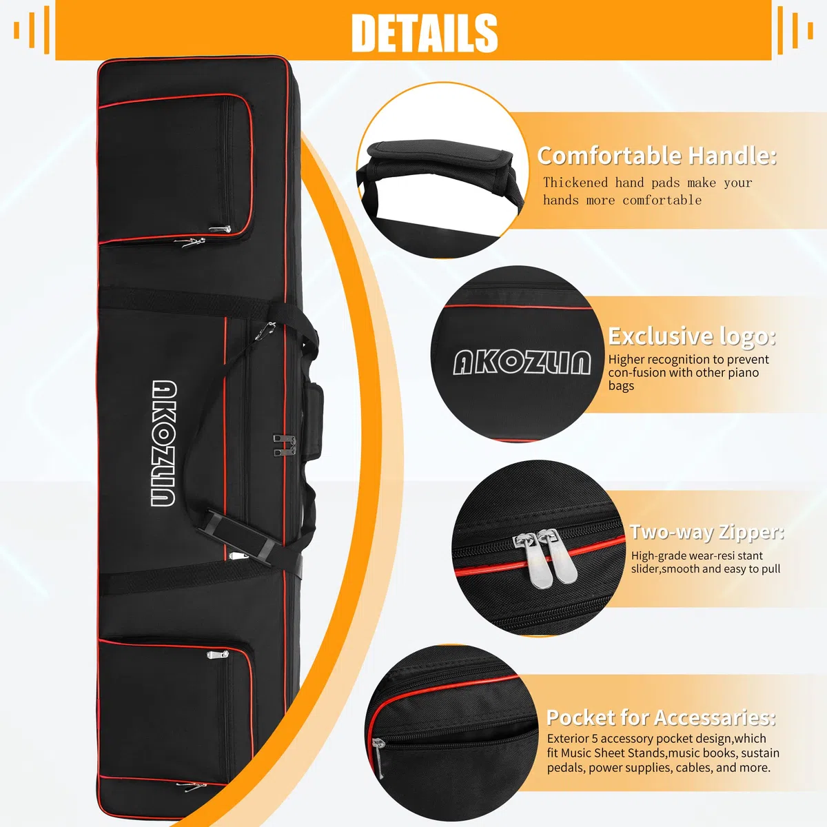 AKOZLIN Gigbag für elektrische Klaviertastatur, 88 Tasten,146x17x45,7cm | Verstellbare Riemen, 5 Taschen für Zubehör