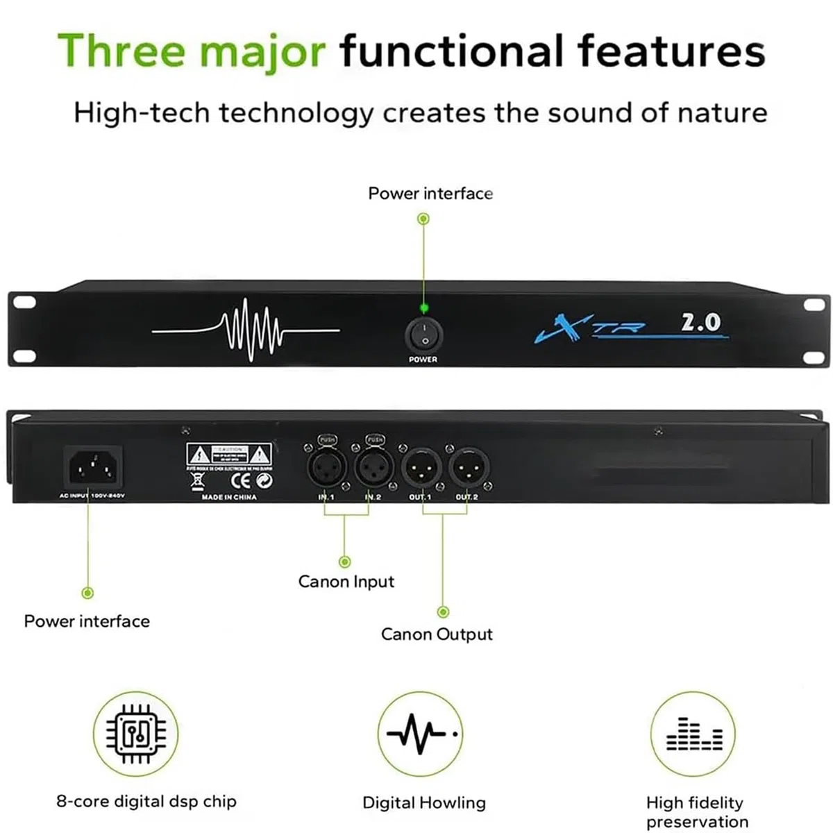 Professioneller Feedback-Unterdrücker, Audioprozessor, Mikrofon-Rückkopplungs-Frequenzwandler, digitale Rückkopplungsunterdrückung Stufe 5, for Bühne, KTV, Bar und Party(4 in 4 out)