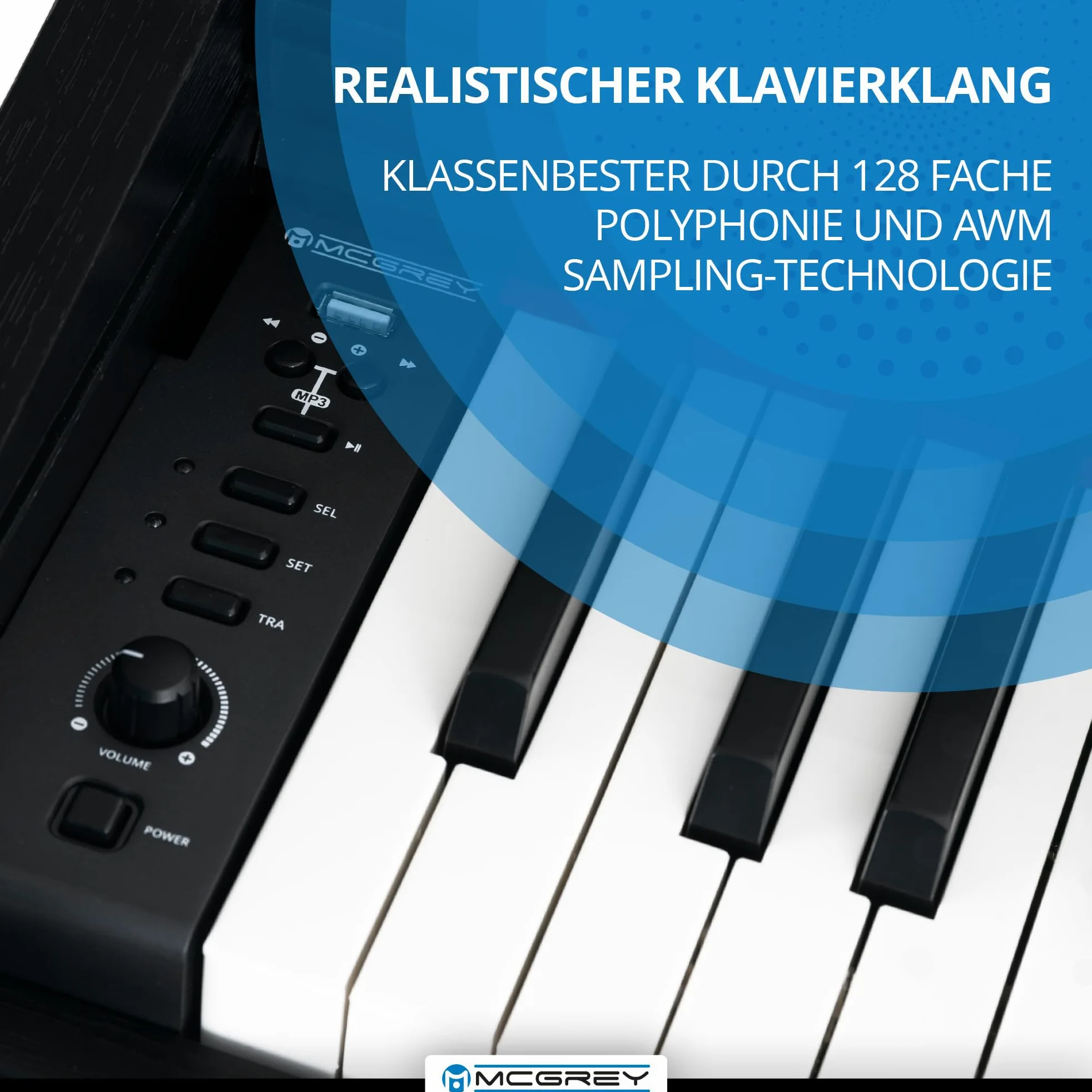 McGrey DP-19 SM E-Piano Set - 88 gewichtete Tasten mit Hammermechanik und Anschlagdynamik - 8 Klänge - Tastaturabdeckung - inkl. Klavierbank, Kopfhörer und Klavierschule - Schwarz matt