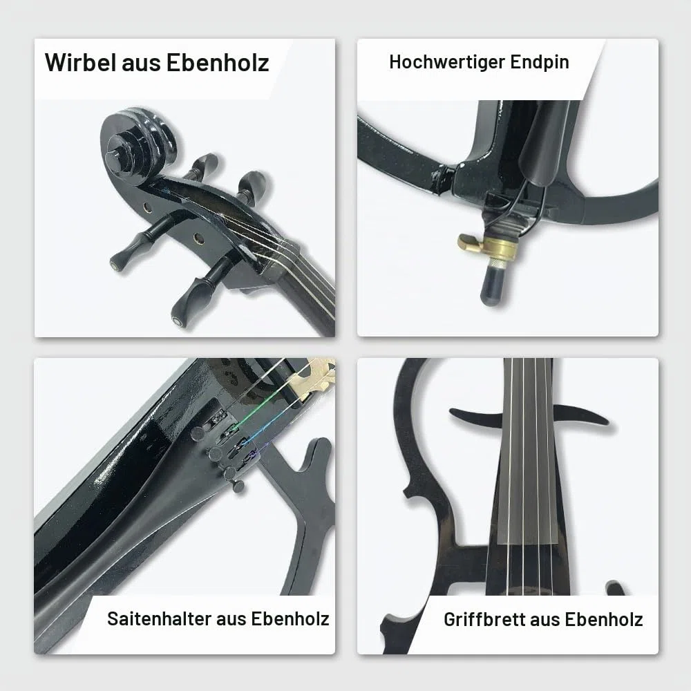 Elektrisches Cello-Set für Anfänger (inklusive leichter Cellophan-Tasche, Stereo-Kopfhörer, Premium-Cellobogen, Brücke, Kolophonium) für erwachsene Schüler (03)