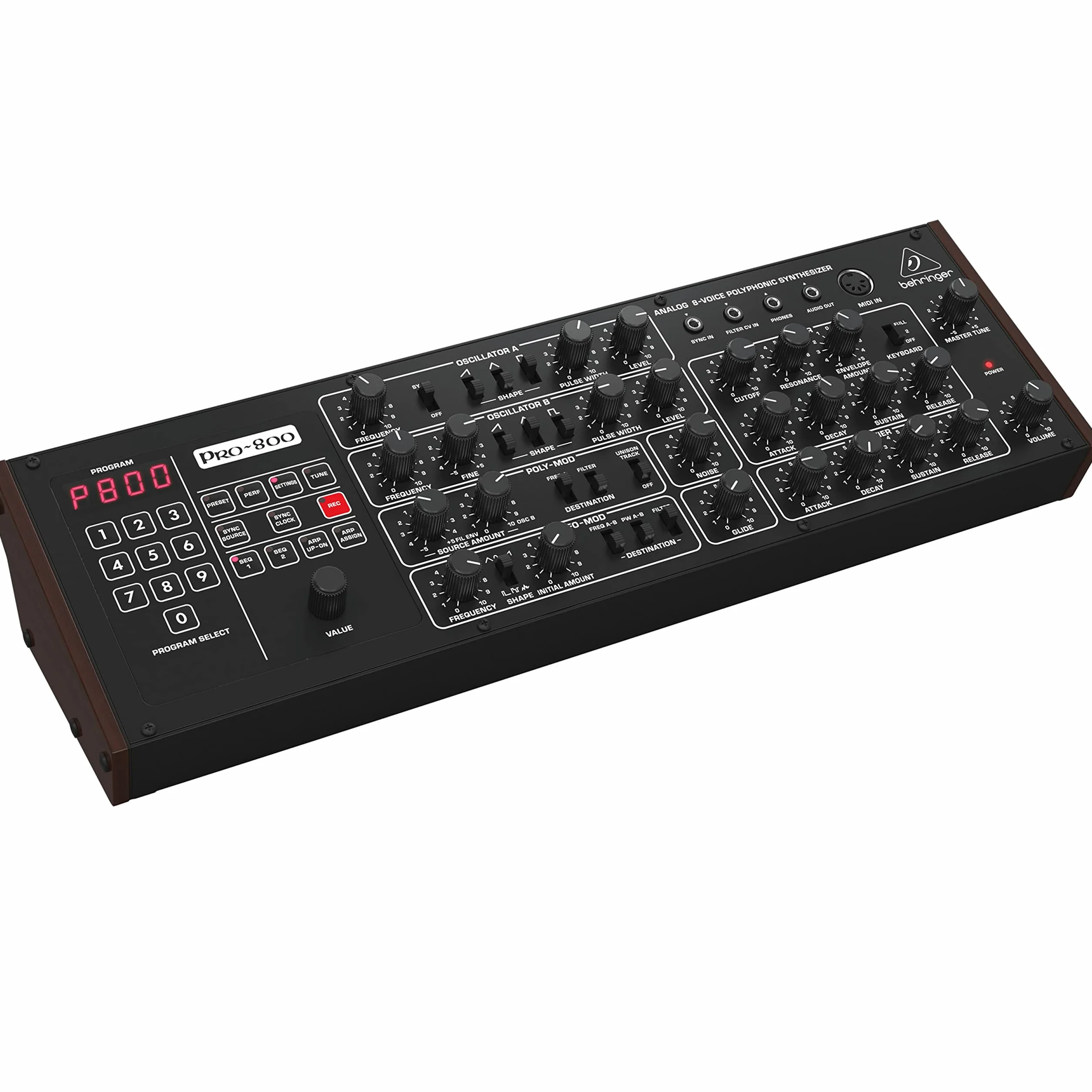 Behringer PRO-800 Klassischer analoger 8-stimmiger polyphoner Synthesizer mit 2 VCOs, klassischem VCF, Arpeggiator, Sequenzer und 400 Programmspeichern im Eurorack-Format