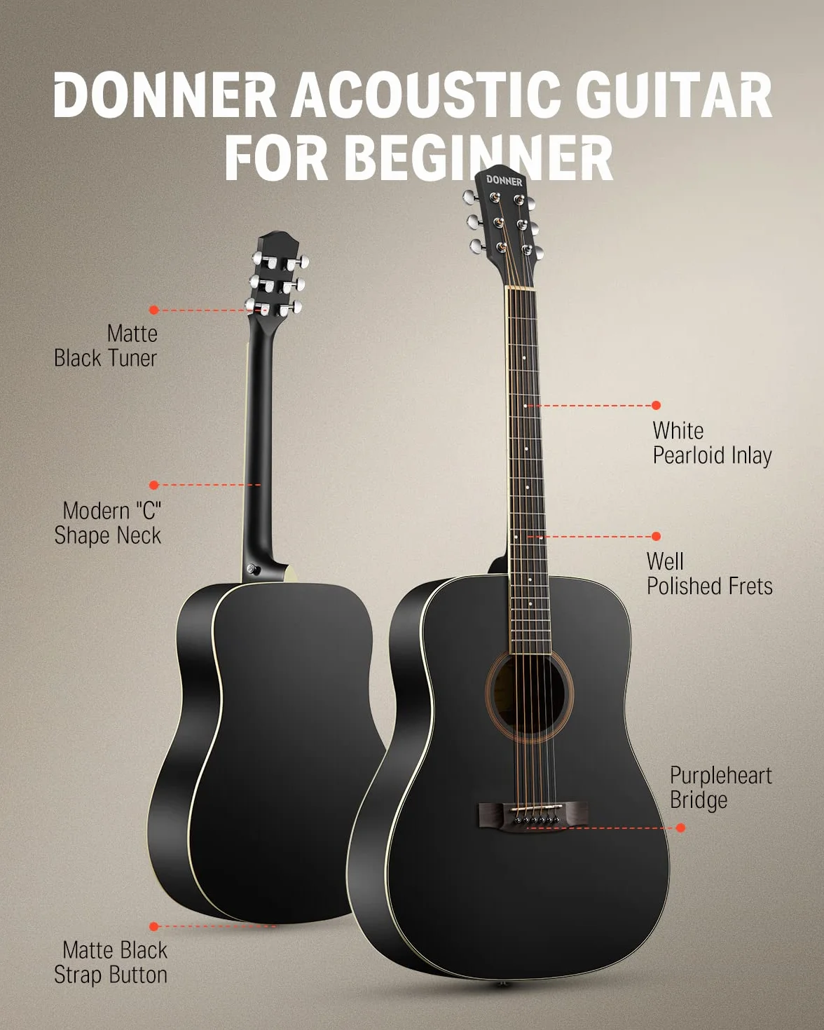 Donner Akustikgitarre Set in voller Größe Akustik Gitarre 4/4 Dreadnought Anfänger Erwachsene 41 Zoll mit Gigbag Capo Plektren Gurt Saiten (Schwarz)