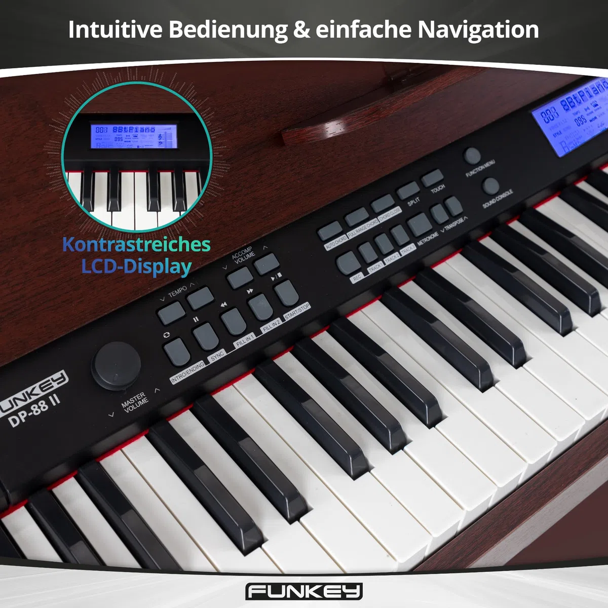 FunKey DP-88 II Digitalpiano Set (88 anschlagsdynamische Tasten, 360 Sounds, 160 Styles, MP3-Player, inkl. Keyboardbank, Kopfhörer und Klavierschule) braun