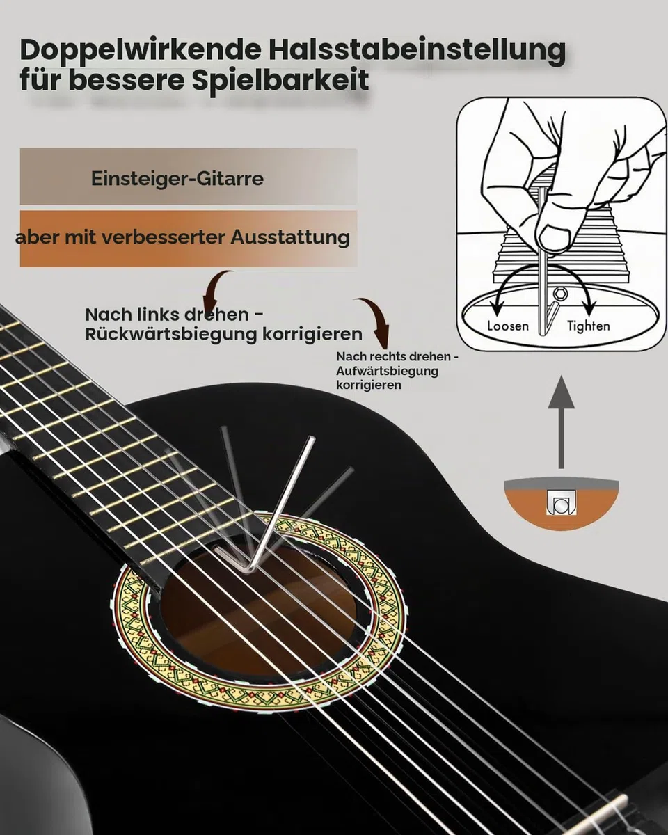 Winzz Konzertgitarre 4/4 Erwachsene, Klassische Gitarre Anfänger Set für Kinder ab 11+ Jahre - Schwarz Glänzend (39 Zoll)