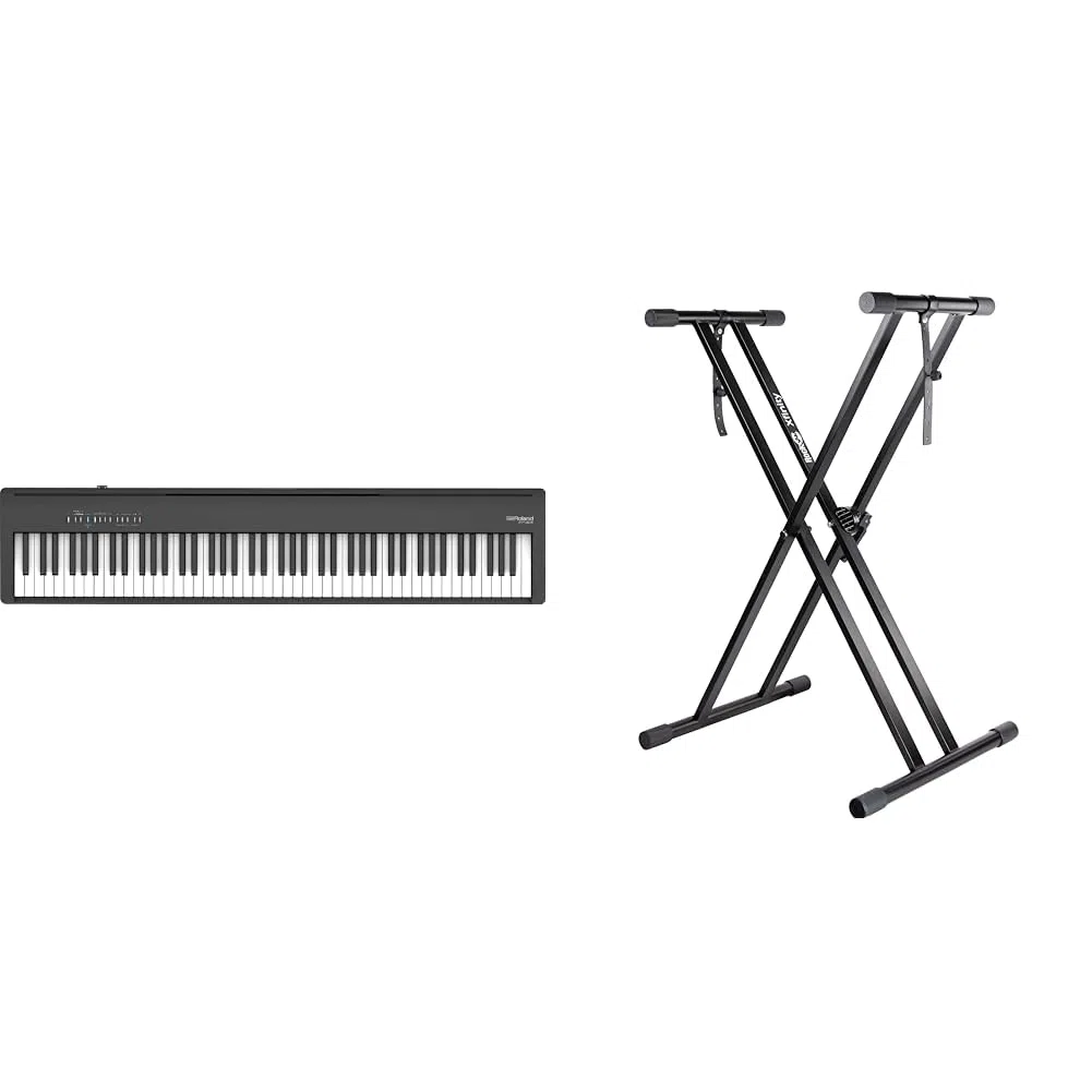 Roland FP-30X Digital Piano, Das extrem beliebte tragbare Piano – Überarbeitet (schwarz) & RockJam Xfinity Doublebraced Pre Assembled Keyboard Stand with Locking Straps