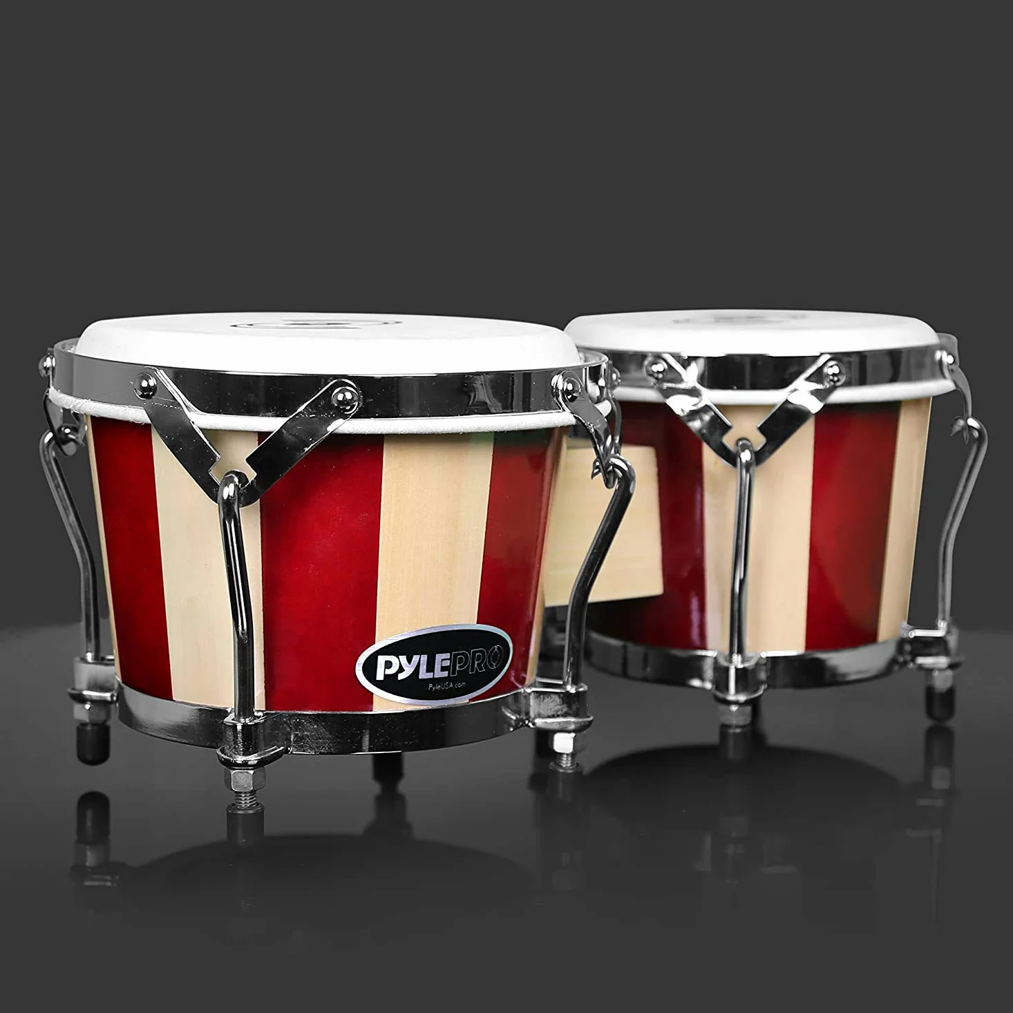 Pyle Bongo Trommel, Handtrommel, Bongo-Set 6.5”&7.5”/16.5cm&19cm, Handtrommel für Erwachsene, Anfänger & Profis, Hand Drum, Bongos, Schlagzeug- aus Holz, Stimbar, Leicht & Hochwertig