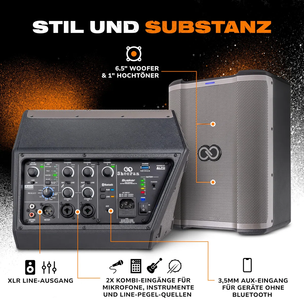 SHEERAN Special Edition Busker - 200W tragbarer PA-Lautsprecher mit Akkubatterie, Bluetooth, 3-Kanal Mixer, Alesis FX, App, USB-Aufladung