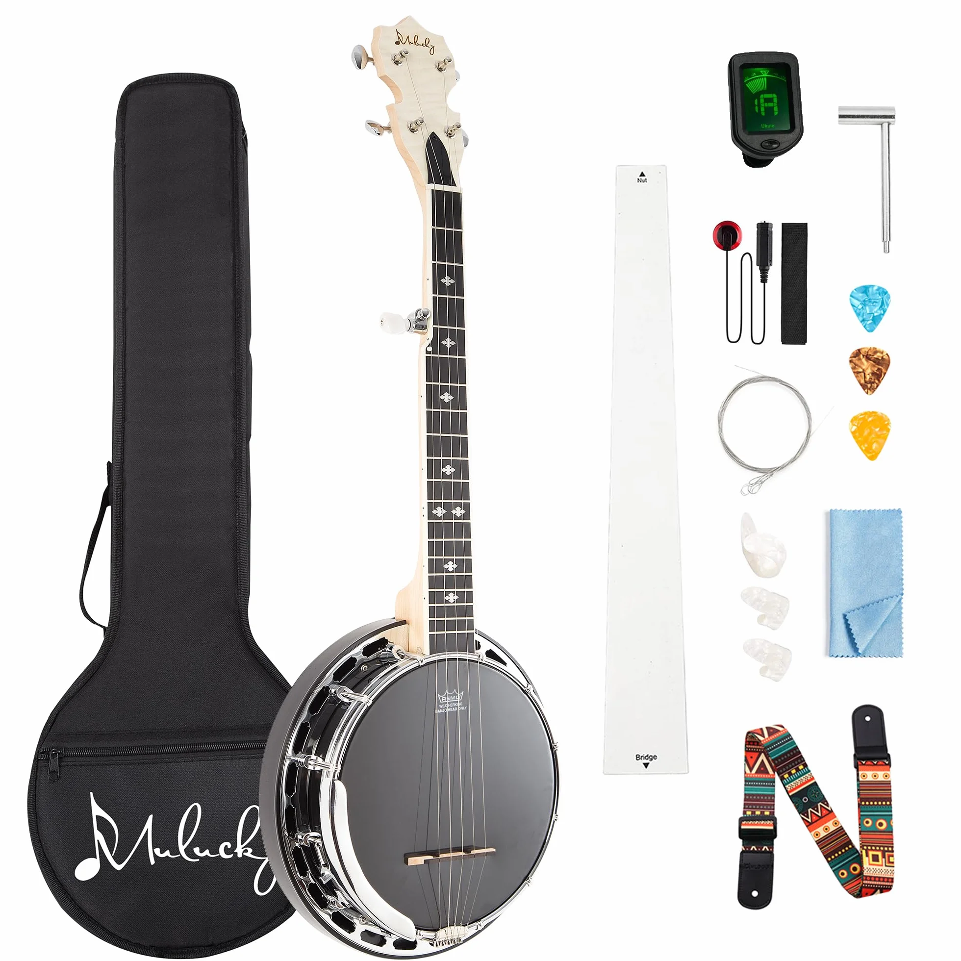 Mulucky 5-saitiger Banjo Mini, Reise-Banjo mit Remo Kopf, Resonator und 5. Stimmgerät, Anfangsset mit Stimmgerät, Gurt, Schlüssel, Plektren, Lineal – B803