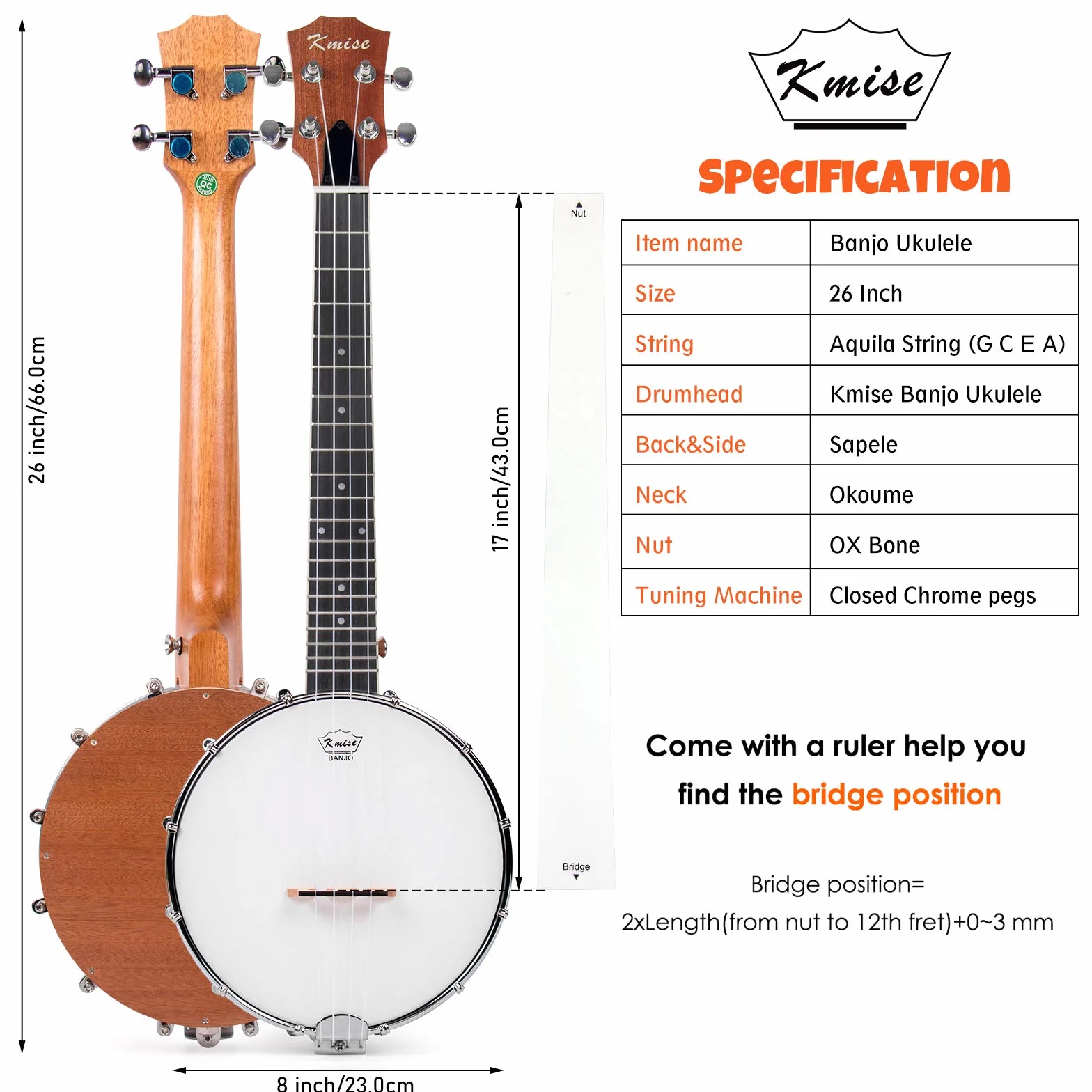 Tenor-Banjo-Ukulele, Kmise Vielseitige Banjolele, 66 cm Banjo-Lele für professionelle Erwachsene Anfänger mit abnehmbarem Rücken, Tasche, Gurt, Stimmgerät, Plektren (Tenor-Banjolele)