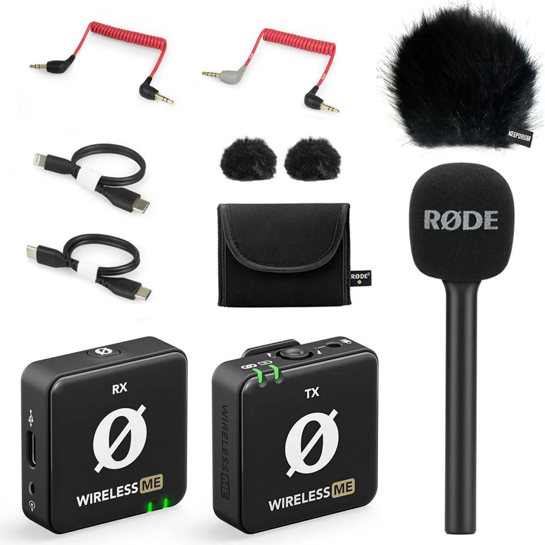 Rode Wireless ME Drahtlos-Mikrofon-Set + Interview GO Griff-Handadapter + keepdrum Fell-Windschutz BK