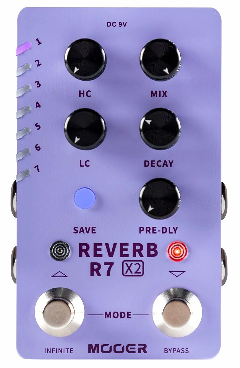 Mooer R7 X2 Stereo Reverb Pedal mit 14 Hall Modi und Presets für Gitarre