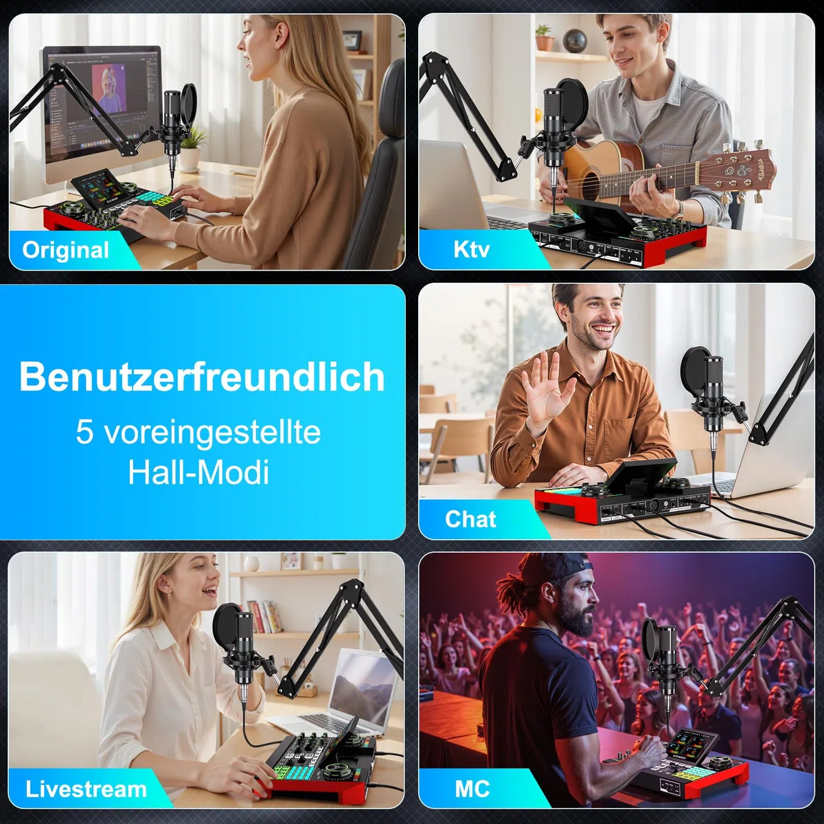 TENLAMP G10 Podcast-Equipment, Audio-Interface mit Soundeffekten, 3,5mm Kondensatormikrofon, Mikrofonarm, Latenzfreies Hardware-Autotune, Echtzeit-Monitoring, Rauschunterdrückung, für PC, Handy