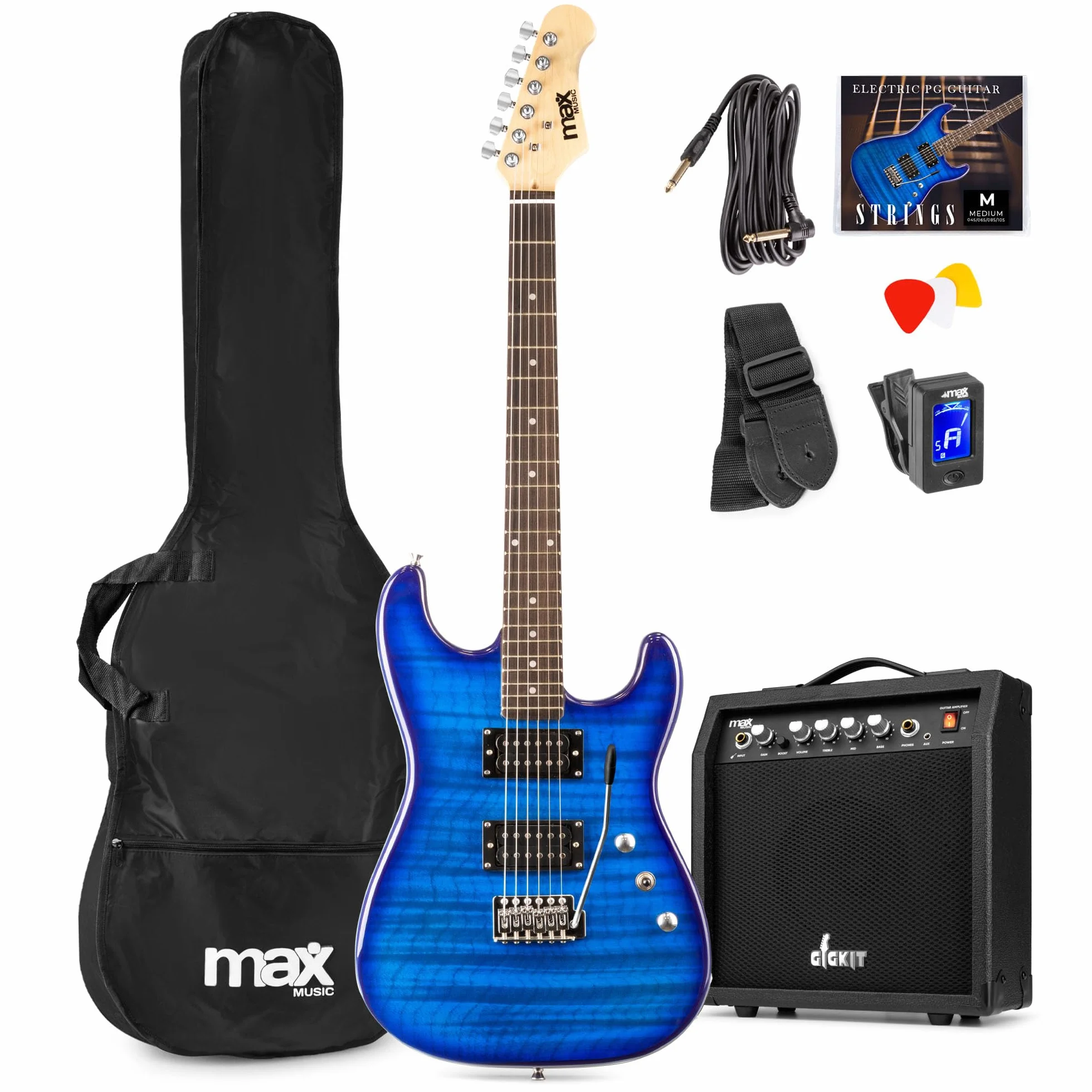 Max GigKit E Gitarre Quilted Style, E Gitarren Set mit Verstärker, Gitarrentasche, Plektrum, Stimmgerät Gitarre, Instrumentenkabel, Ersatzsaiten und Gitarrengurt, 22 Bünde - Dunkel Blau