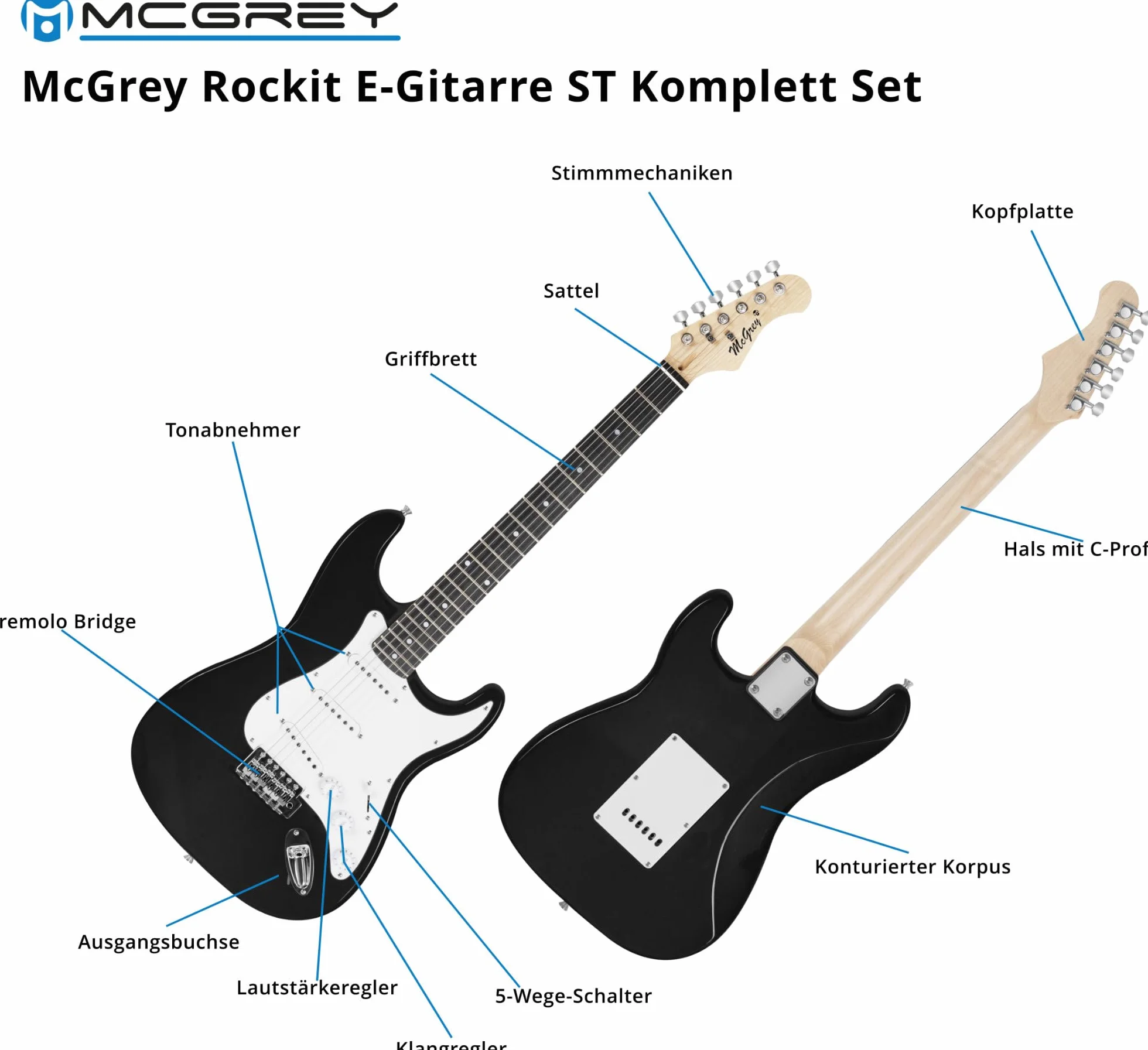 McGrey Rockit ST Komplettset E-Gitarre (8-teiliges Anfängerset mit Gitarre, Verstärker, Ersatzsaiten, Gitarrentasche, Stimmgerät, Plektren, Gurt und Gitarrenkabel) Schwarz