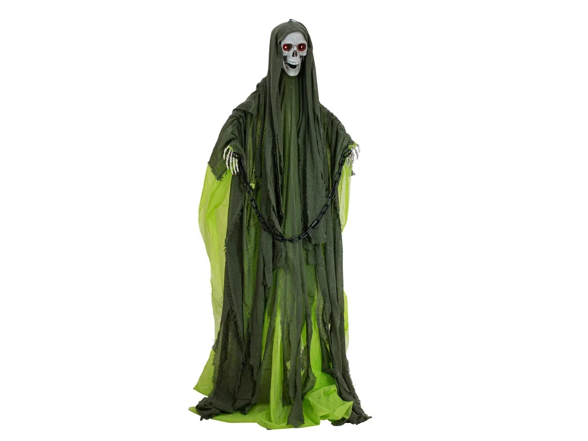 Halloween Figur Skelett mit grünem Umhang, animiert, 170cm | Animierte Figur mit Licht- und Soundeffekt (Batterie- & USB-Betrieb)