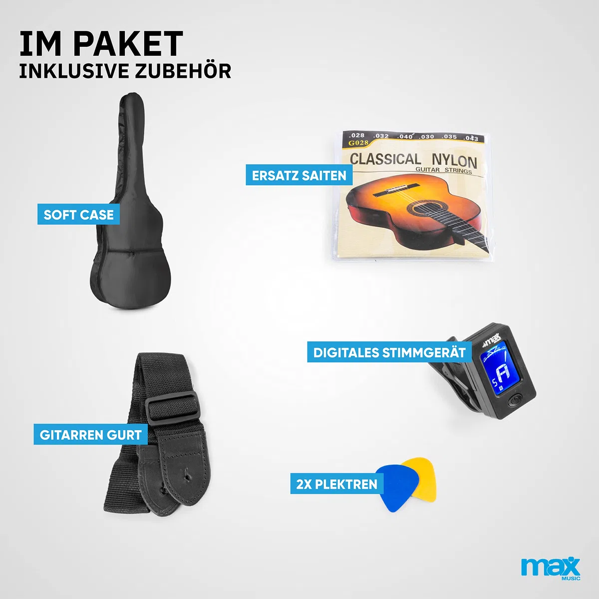 MAX SoloArt 4/4 Akustikgitarre für Anfänger Erwachsene inkl. Tasche Stimmgerät Zubehör Schwarz
