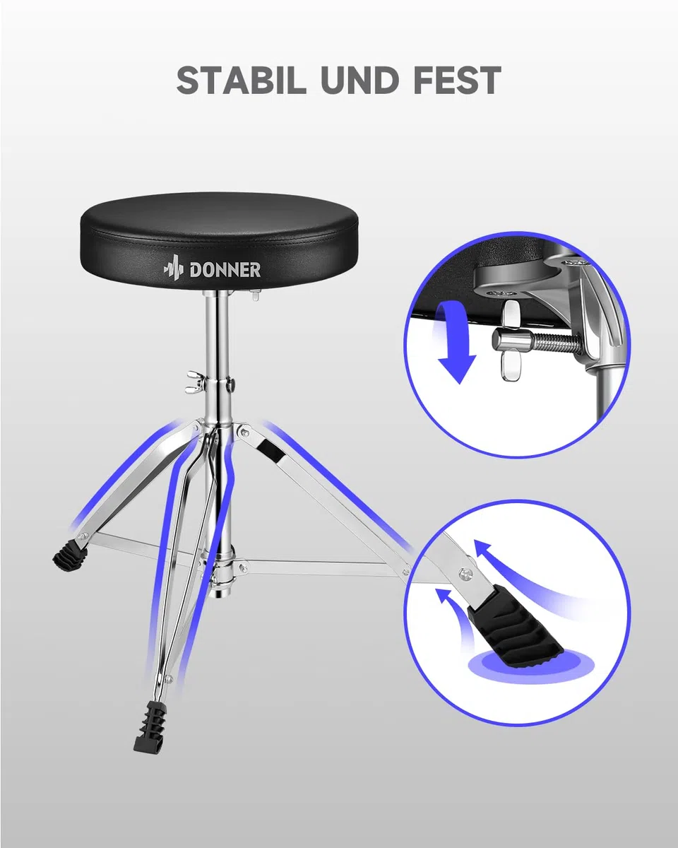 Donner Drumhocker mit Ahorn Holz Drumsticks, Schlagzeughocker Höhenverstellbar 48-58 cm für Elektronisches Schlagzeug, Drum Set, Maxi Belastung 90 kg