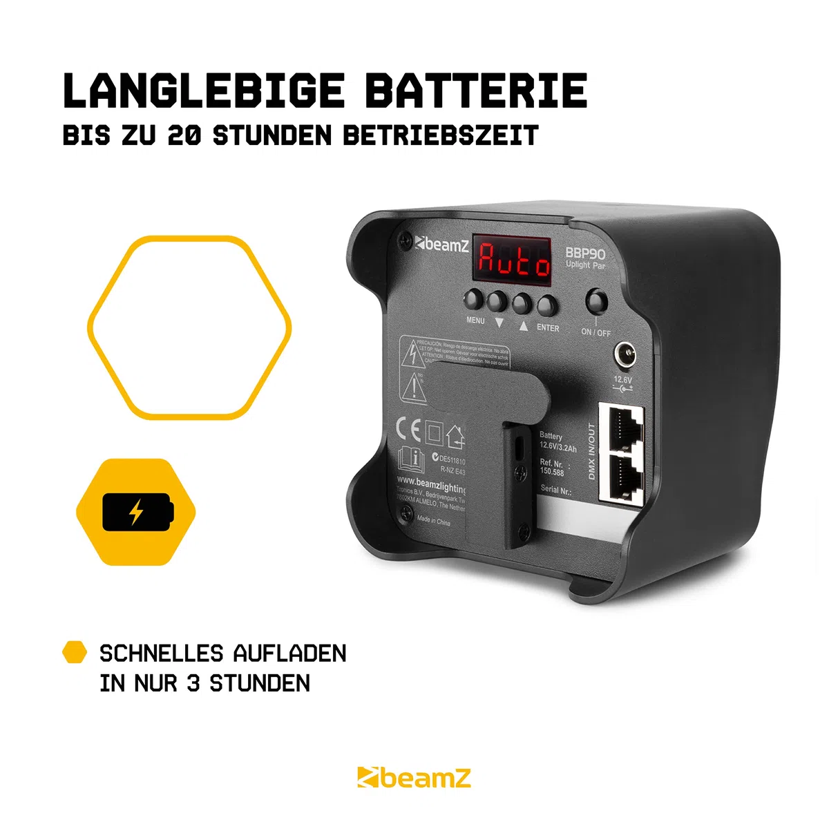 BeamZ BBP90 Uplight LED Par Strahler 4x 4 Watt, bis zu 20h Akku, Bühnenbeleuchtung 2er Set für DJ Pult, Bühnenlicht, DMX-LAN, Partylicht Musikgesteuert, Bühnenequipment, mit Fernbedienung