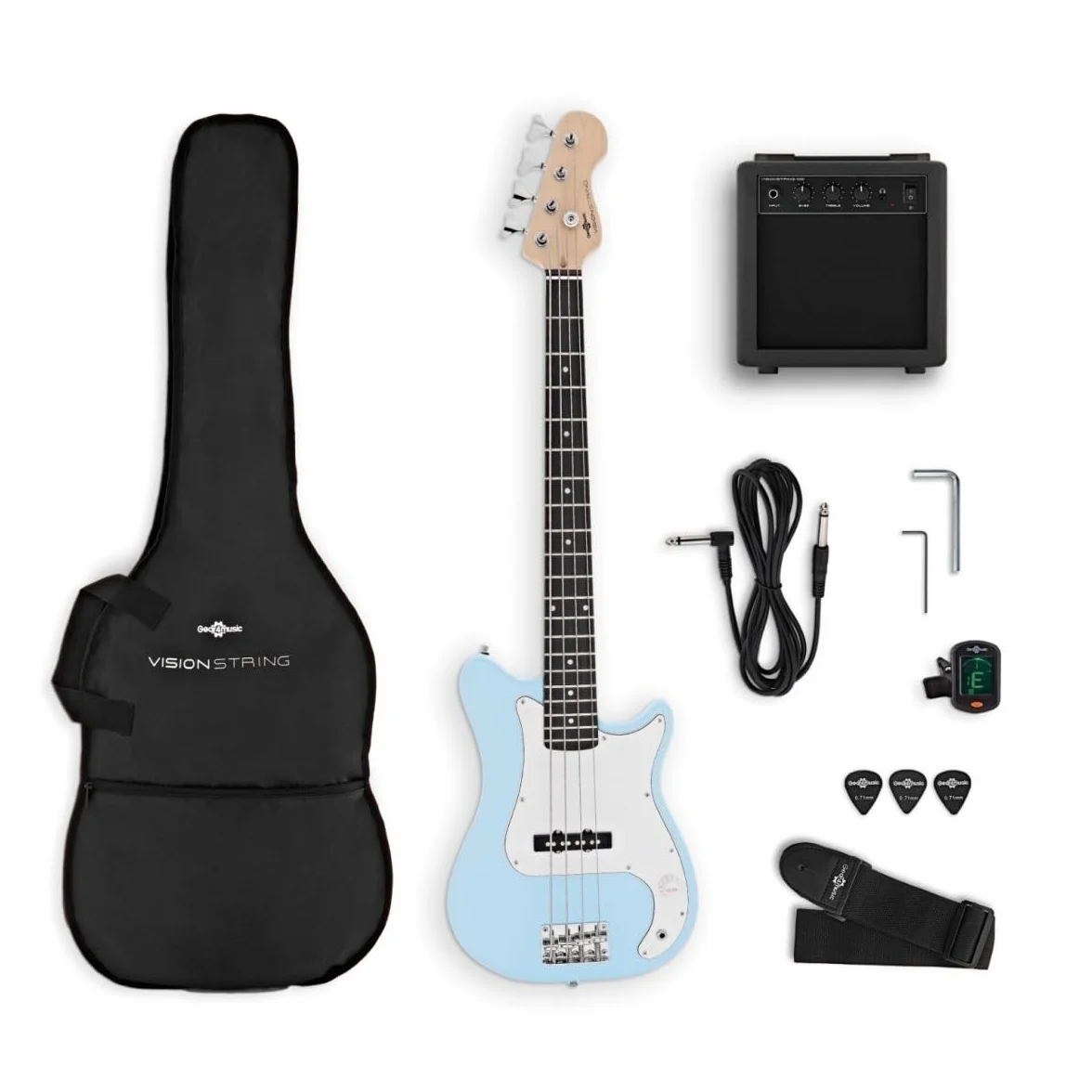 VISIONSTRING E Bass Gitarre 3/4 mit Verstärker 10W für Kinder - Elektrische Bassgitarre Set mit Gitarrentasche, Plektrum, Gurt, Stimmgerät, Kabel - Bass Guitar Gitarren Blau von Gear4music