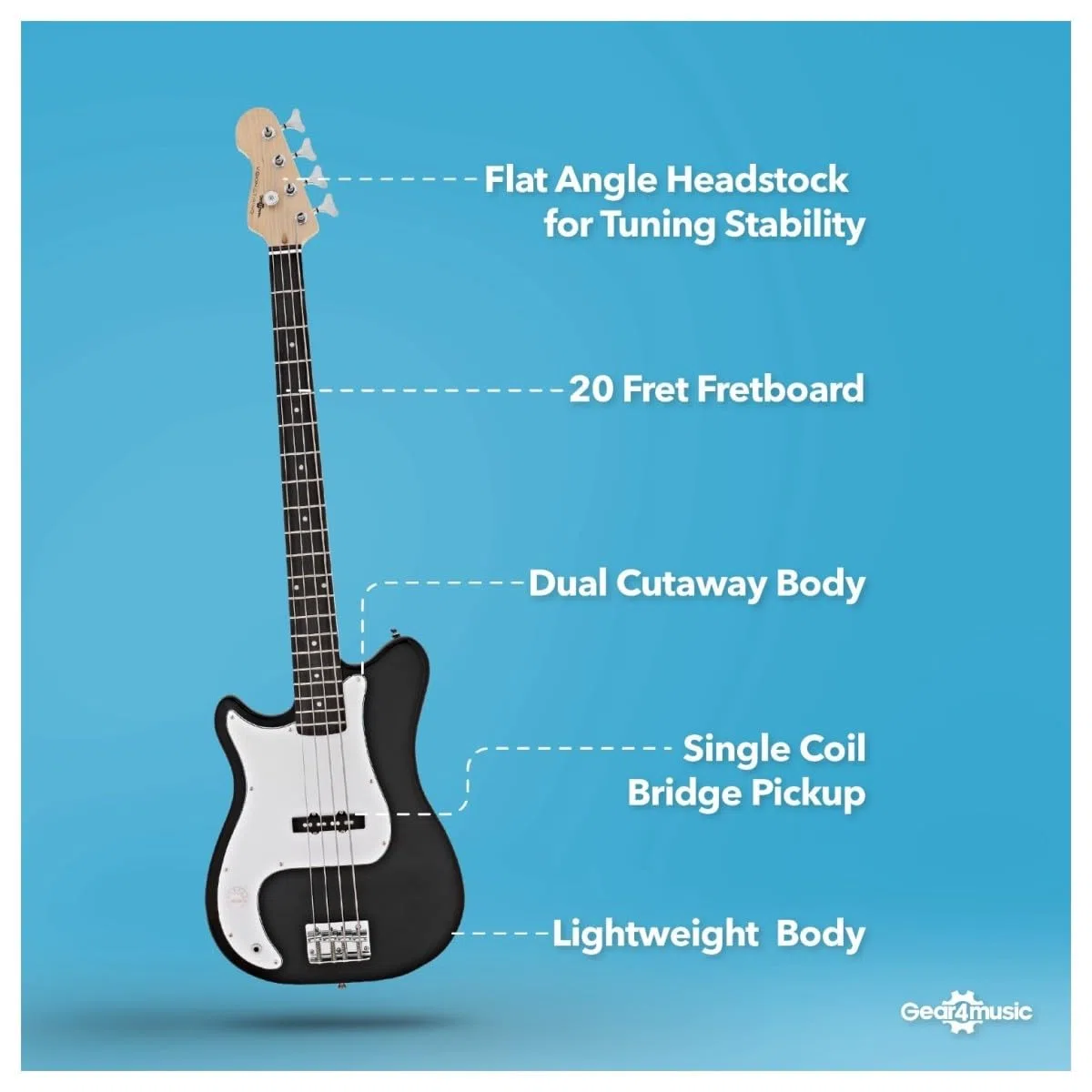 VISIONSTRING E Bass Gitarre Linkshänder 3/4 mit Verstärker 10W für Kinder - Elektrische Bassgitarre Set mit Gitarrentasche, Plektrum, Gurt, Stimmgerät - Bass Guitar Gitarren Schwartz von Gear4music