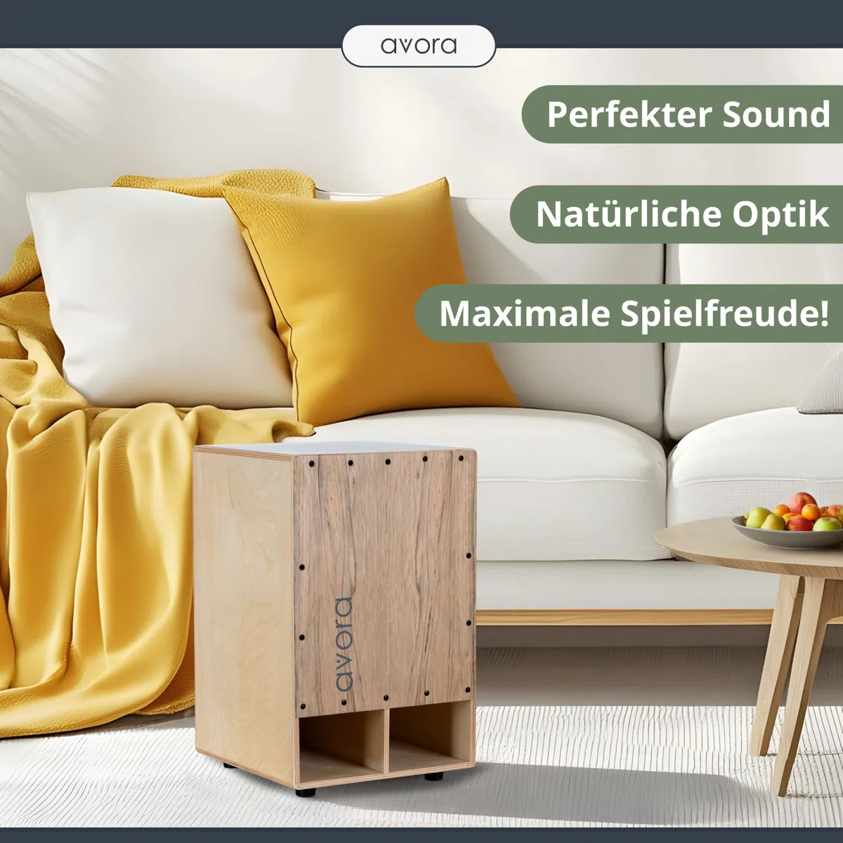 Avora Bass Boost Cajon - Percussion Trommelkiste mit verstärktem Bass - Sitztrommel mit Integrierter Griffschale - Snare-Effekt - Inkl. Sitzpad aus Neopren - Instrument mit Akazien-Furnier - Braun