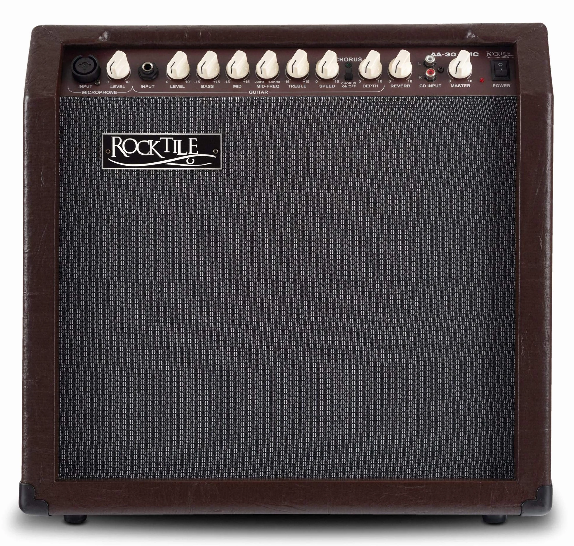 Rocktile AA-30 BN Eric Akustikverstärker - 30 Watt - 2 Kanäle (Mikrofon und Gitarre) - 10" Speaker + 2,5" Hochtöner - AUX-Eingang und Line Out - Chorus- und Hall-Effekt - Braun