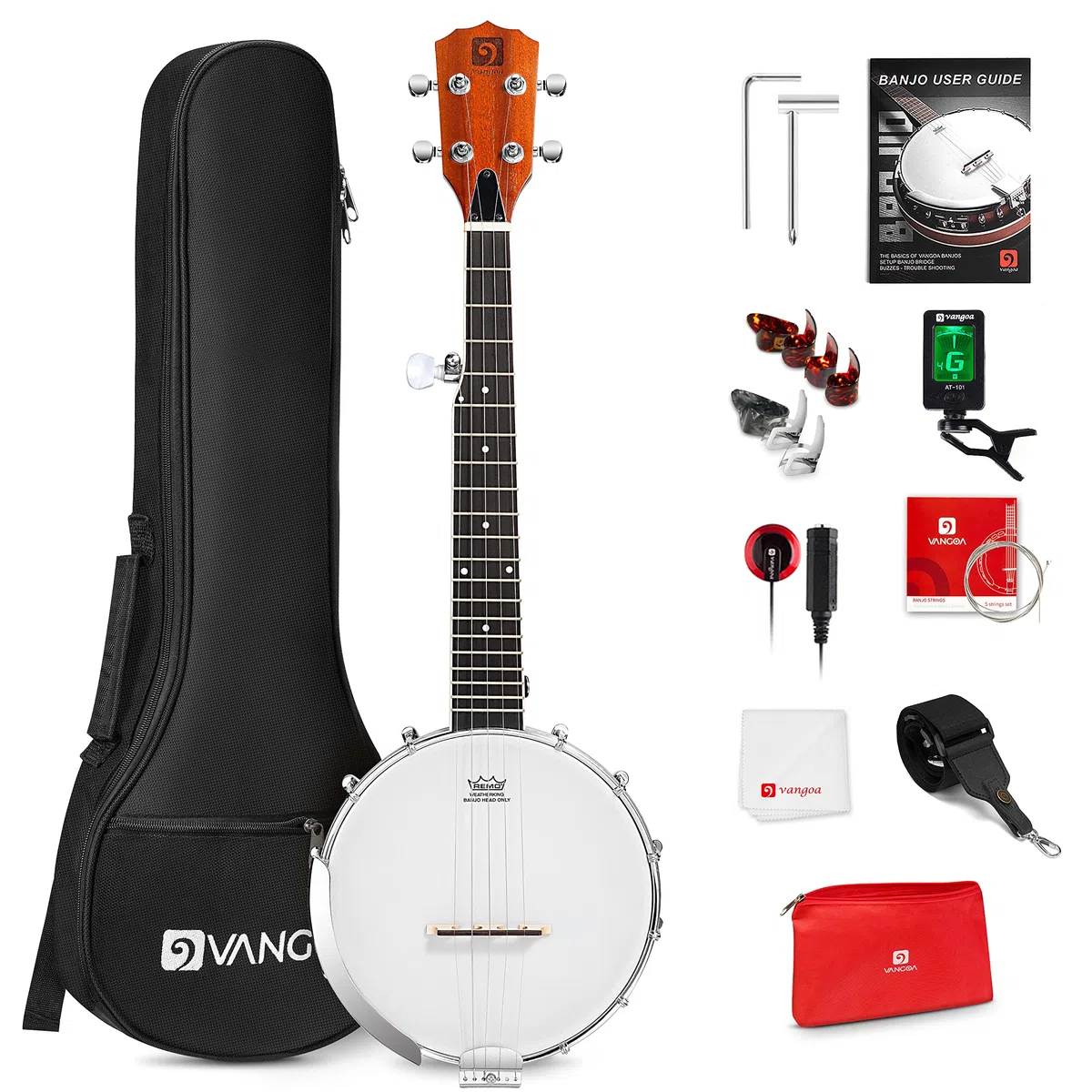 Vangoa 5-saitiges Banjo, 66 cm, Mini-Reise-Banjo, Banjo-Anfänger-Set mit Remo-Kopf, offener Rücken und geschlossener fester Rücken mit Anfänger-Kit, bequeme Tragetasche