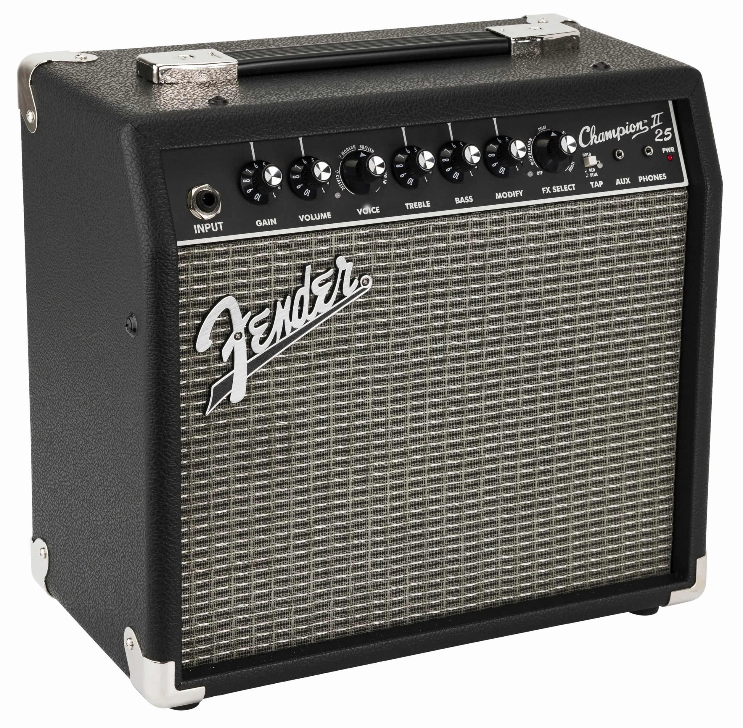 Fender Champion II 25, Combo Guitar Amp, 25W, Suitable for Electric Guitar, More Power, Upgraded Effects and Amp Models, Black/Silver