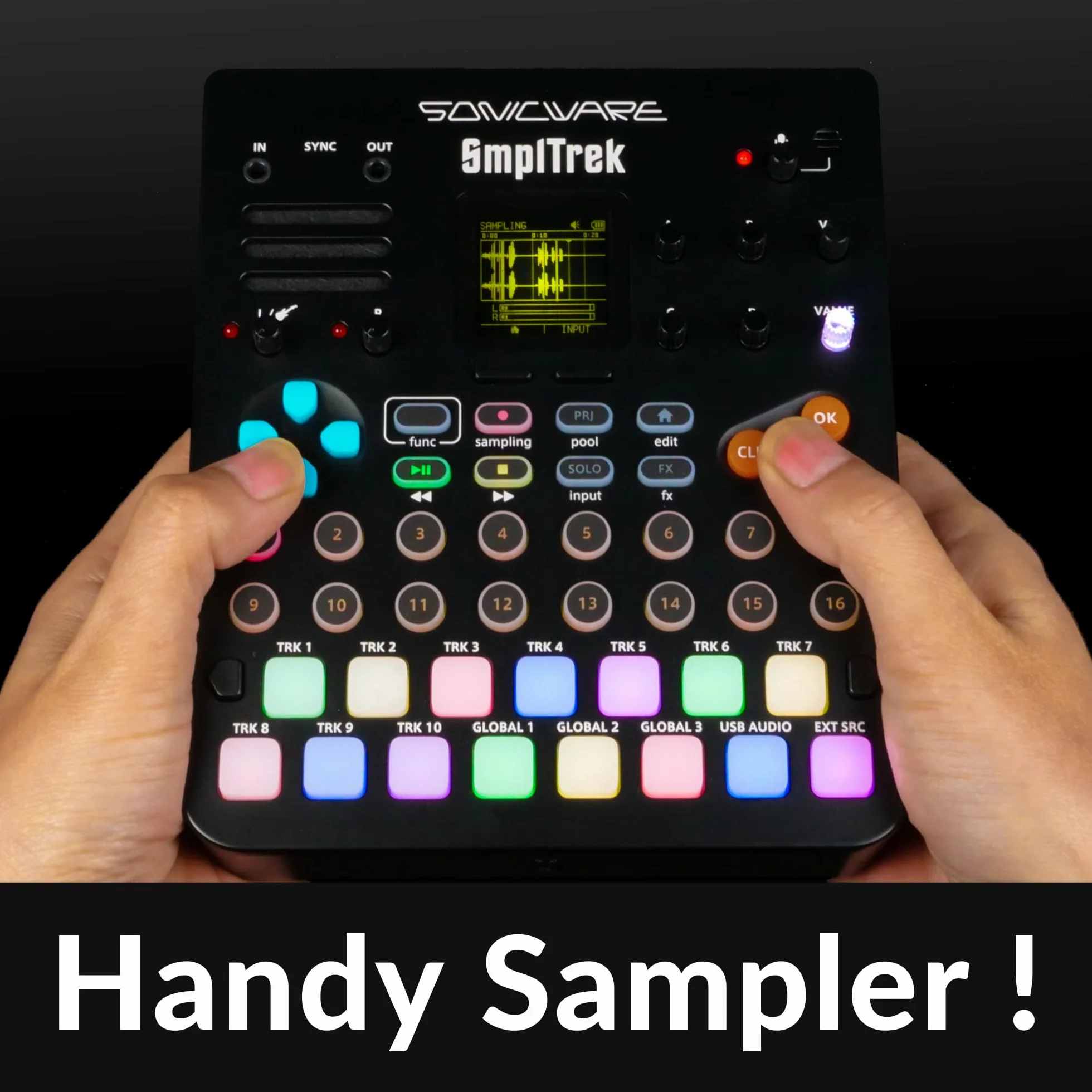 Sonicware SmplTrek [Sampler & Groovebox] 48kHz-16bit Sampler, 30 polyphone Stimmen, 10 Sequenzerspuren, 35 Effekte, 10 Kanalmixer, 15 anschlagdynamische Pads mit RGB LEDs