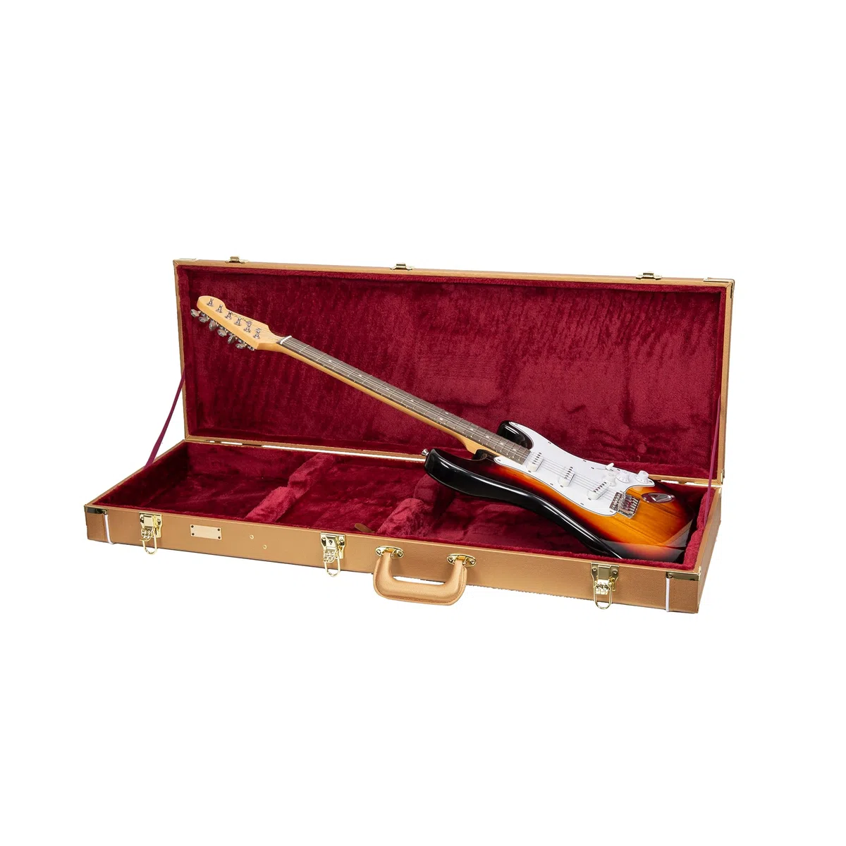Crossrock rechteckiger Holzkoffer für Stratocaster & Telecaster | Luxusgold Kunstleder, Bordeaux Samt, Schloss – Designer Series (CRW520ELG)