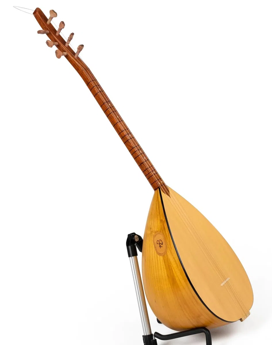 Türkisches kurzes Saz Baglama, Maulbeerholz, eingebauter Tonabnehmer, Saiten, Plektren, Koffer