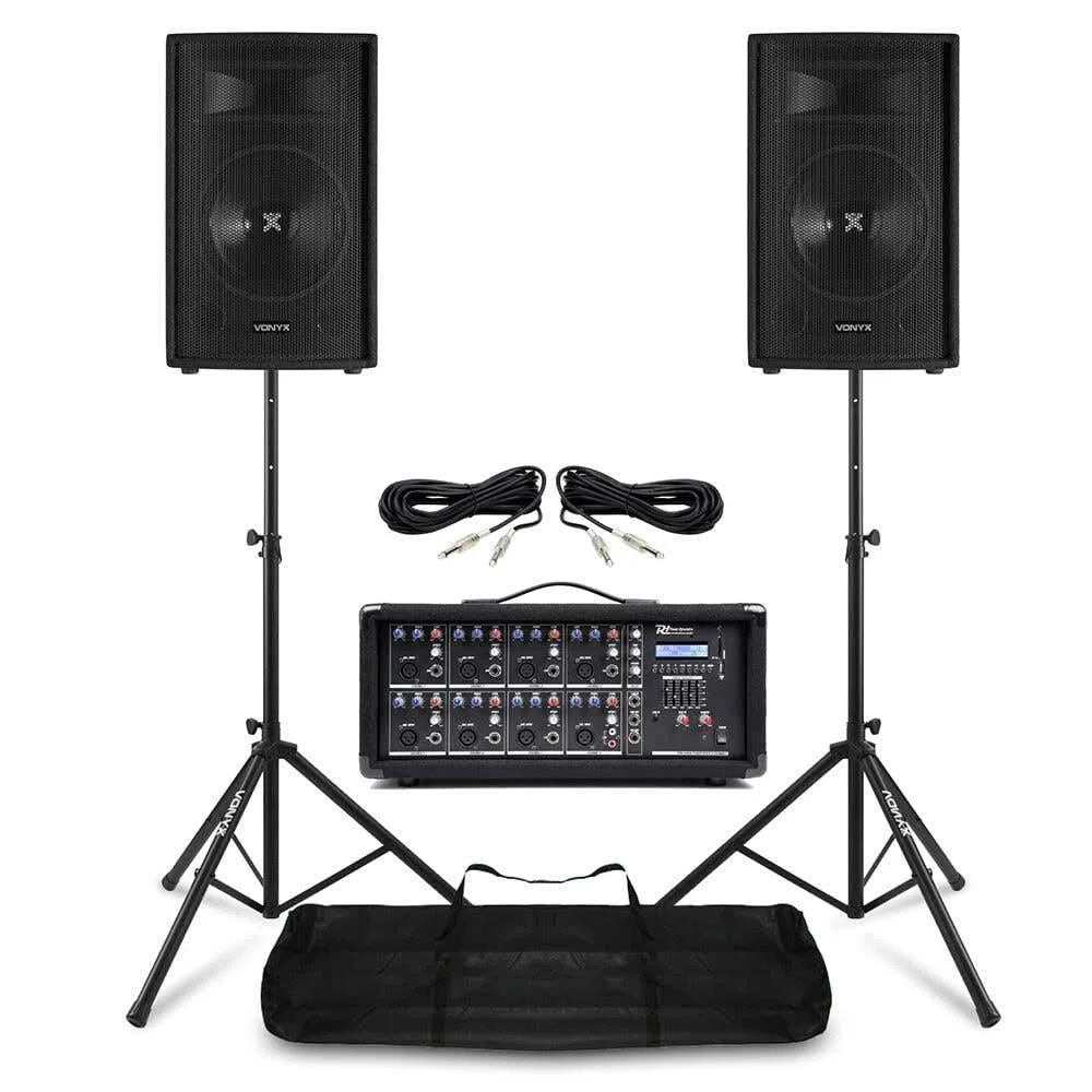 Vonyx SL8 PA Lautsprecher Aktiv Set 800 Watt Bluetooth Stativ Mischpult 8 Zoll LED Schwarz