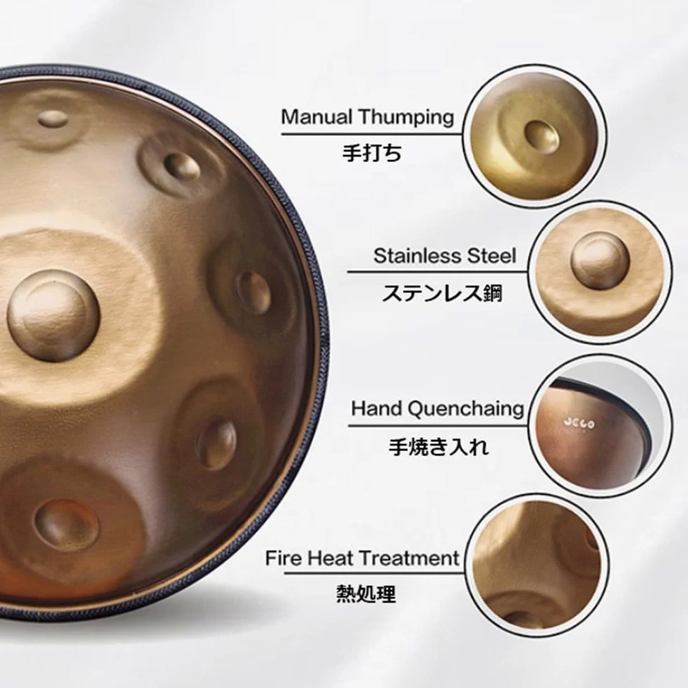 Handtrommel, Handpan-Drum-Instrument In D-Moll 9/10/12 Noten 56cm Stahl-Handpan-Trommel Mit Handpan Tasche, 2 Schlägeln Und Handtrommelständer (Color : Gold - 9 Notes, Size : 440hz)