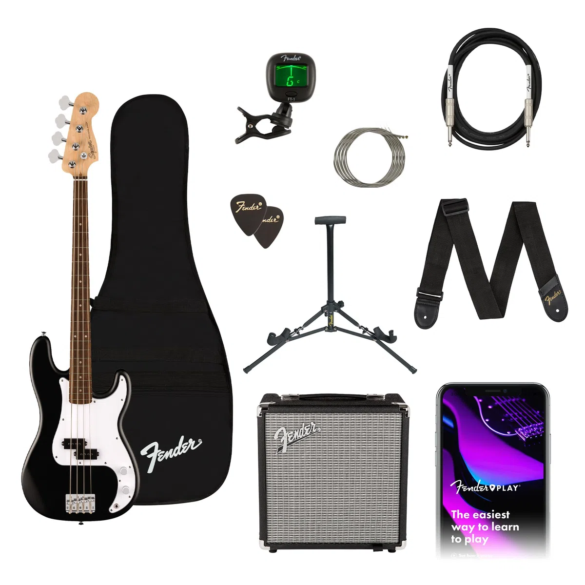 Squier by Fender Debut Collection Precision Bass, Lieferumfang mit Zubehör: - Ständer - Rumble 15 Amp - Gepolstertes Gigbag - Gurt - Bass - 3 m Kabel - FT-1 Stimmgerät