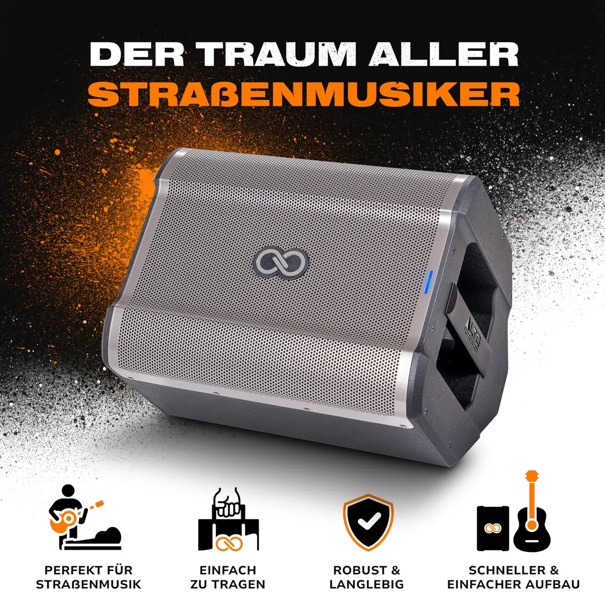 SHEERAN Special Edition Busker - 200W tragbarer PA-Lautsprecher mit Akkubatterie, Bluetooth, 3-Kanal Mixer, Alesis FX, App, USB-Aufladung