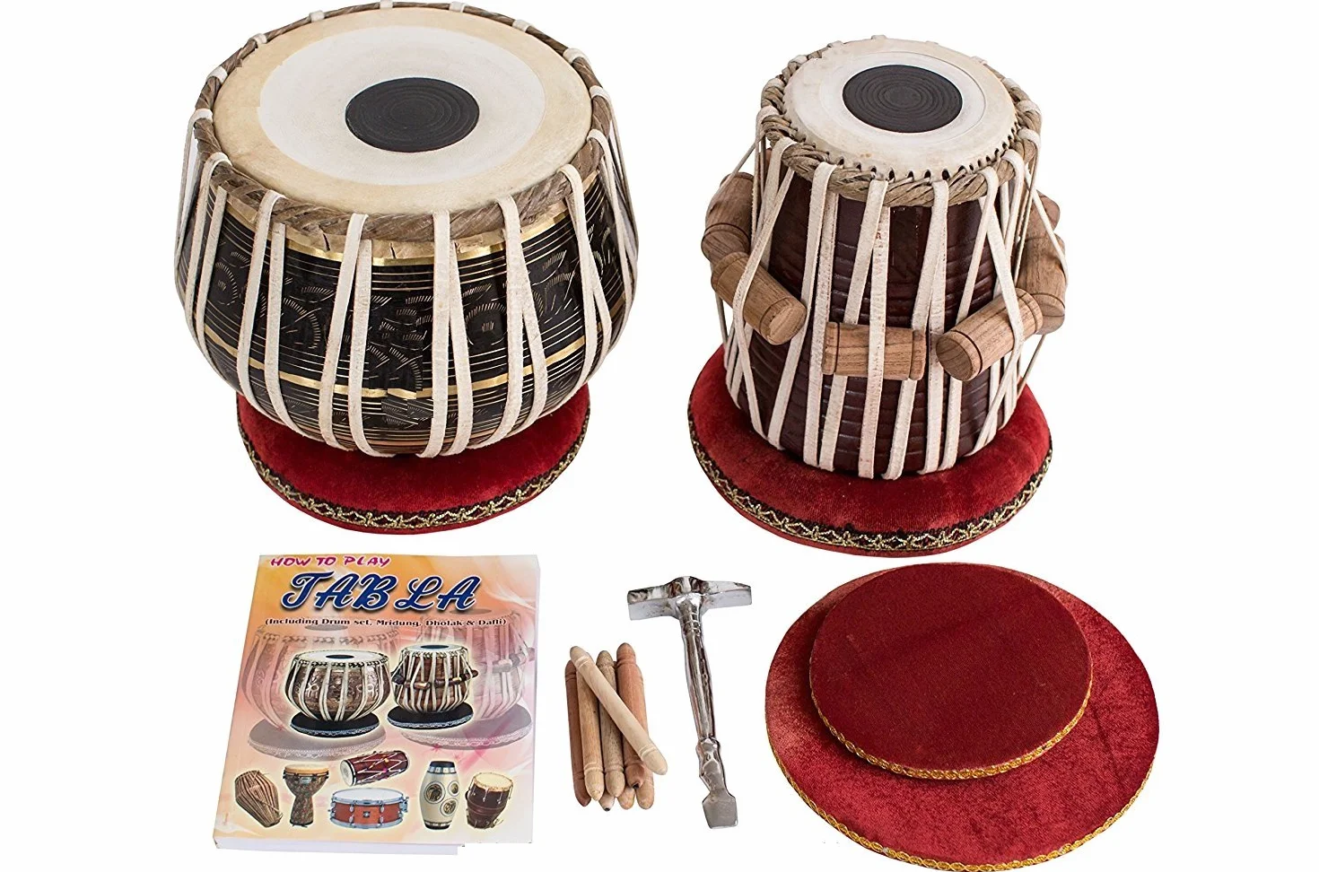 Indisches Maharaja Tabla-Trommel-Set, 3 kg, schwarzes Messing, Bayan, feinster Dayan mit Buch, Hammer, Kissen und Bezug