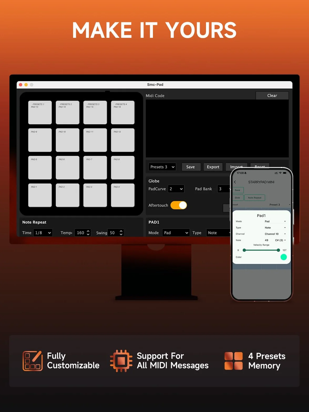 Donner MIDI Controller Pad Beat Maker Maschine mit 16 Beat Pads, Tragbares MIDI Pad Inklusive Note Repeat Funktion und Musikproduktionssoftware, STARRYPAD MINI Drum Machine mit 40 Programmen