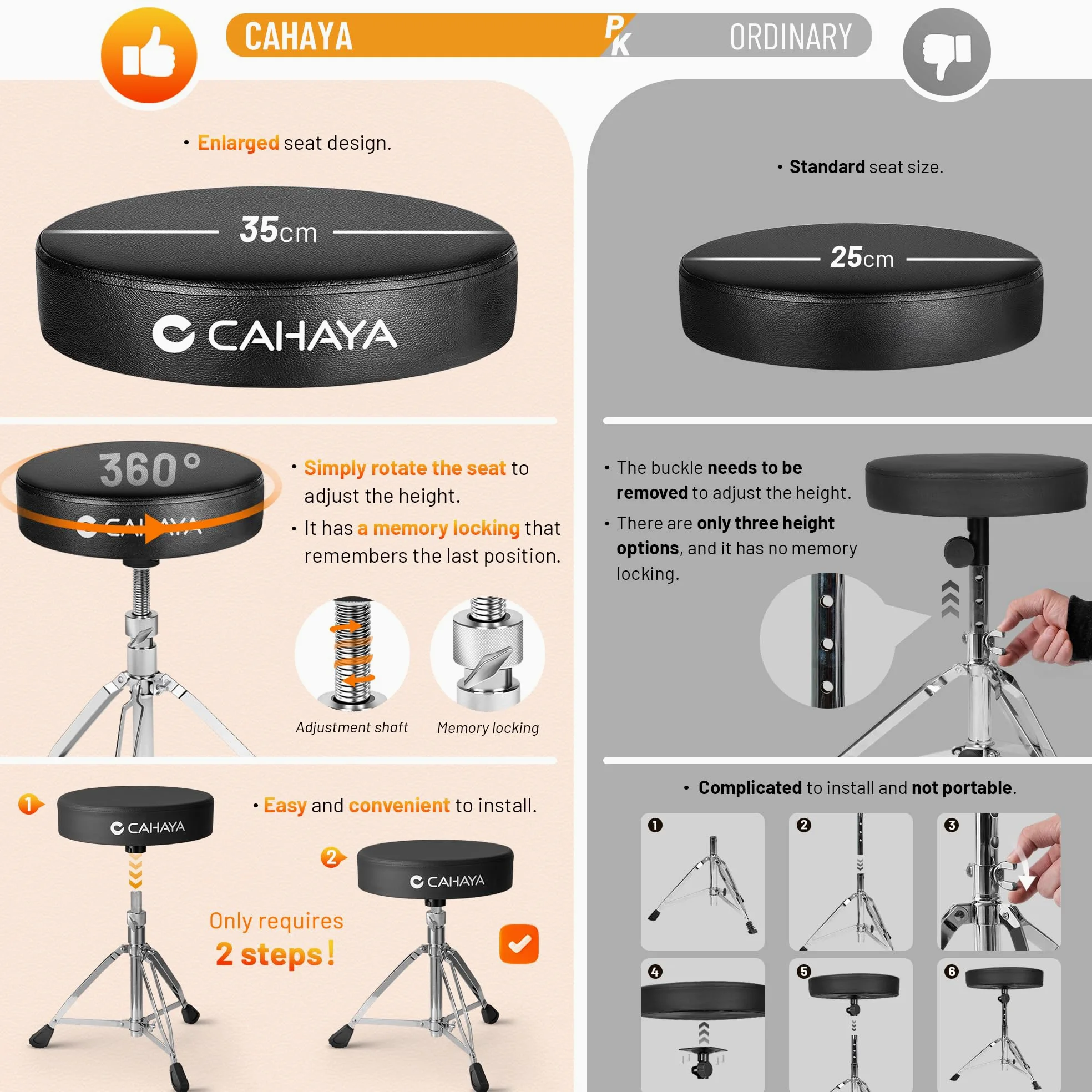 CAHAYA Verstärkt Vergrößert Schlagzeughocker: 8cm Extra Dick Gepolsterter Drum Hocker 35cm Erweitern Durchmesser -Höhenverstellbar von 48-64cm Trommelhocker Tragfähigkeit bis zu 200kg