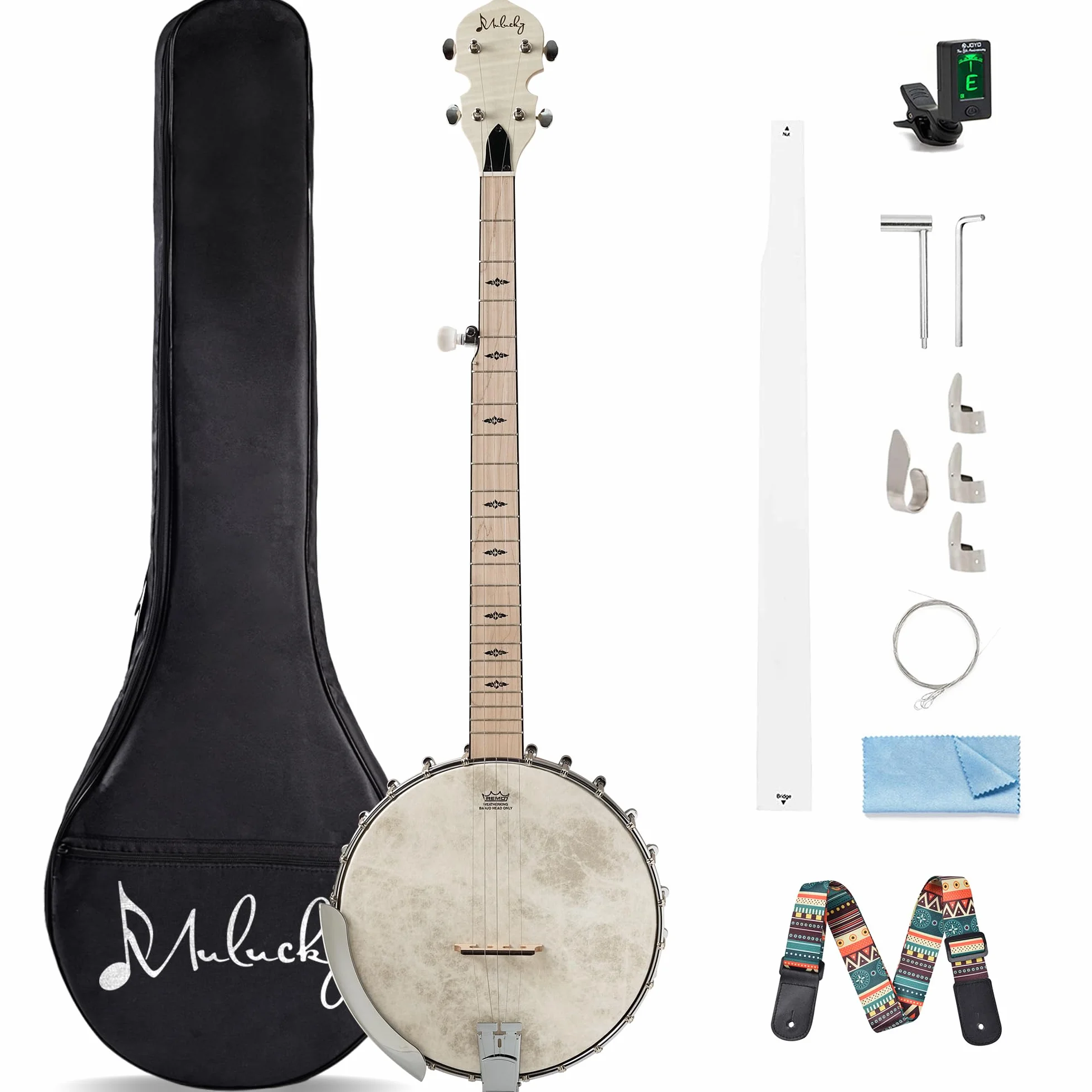 Mulucky 5-saitiges Banjo, volle Größe mit 24 Klammern, offener Rücken, Ahorn-Banjos mit Remo-Kopf, fünfter Tuner mit Getriebe, Geschenkpaket mit Anfänger-Kit – MB1101