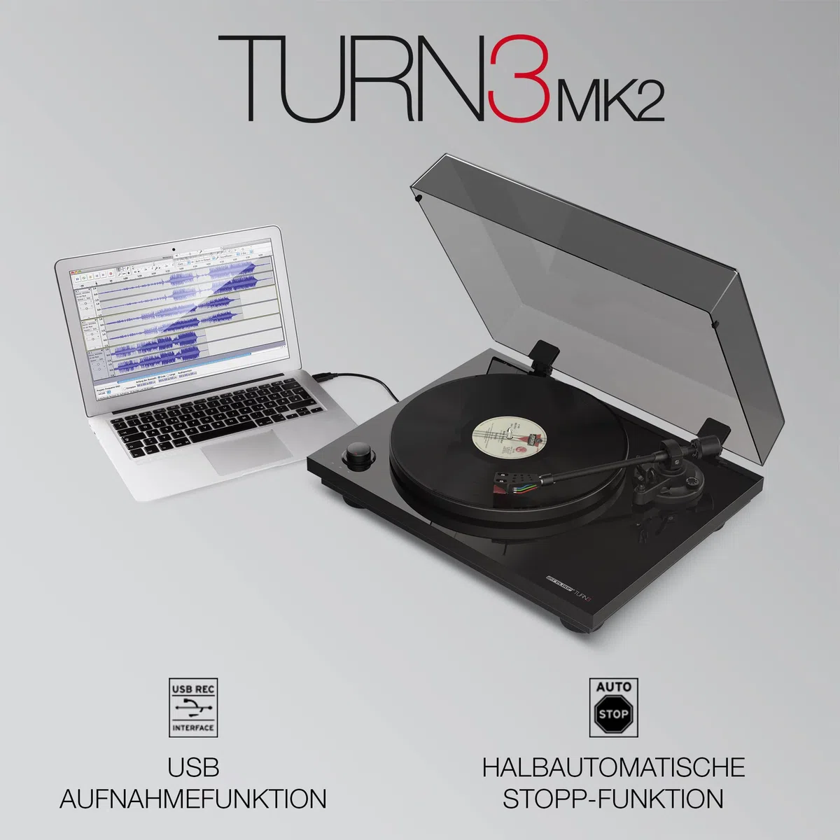 Reloop Turn 3 MK2 | Riemengetriebener HiFi-Plattenspieler mit USB-Aufnahmefunktion, Ortofon 2M Red Tonabnehmersystem, Integrierte Motorkontrolle (33/45/78 RPM), Anti-Skating, Schwarz