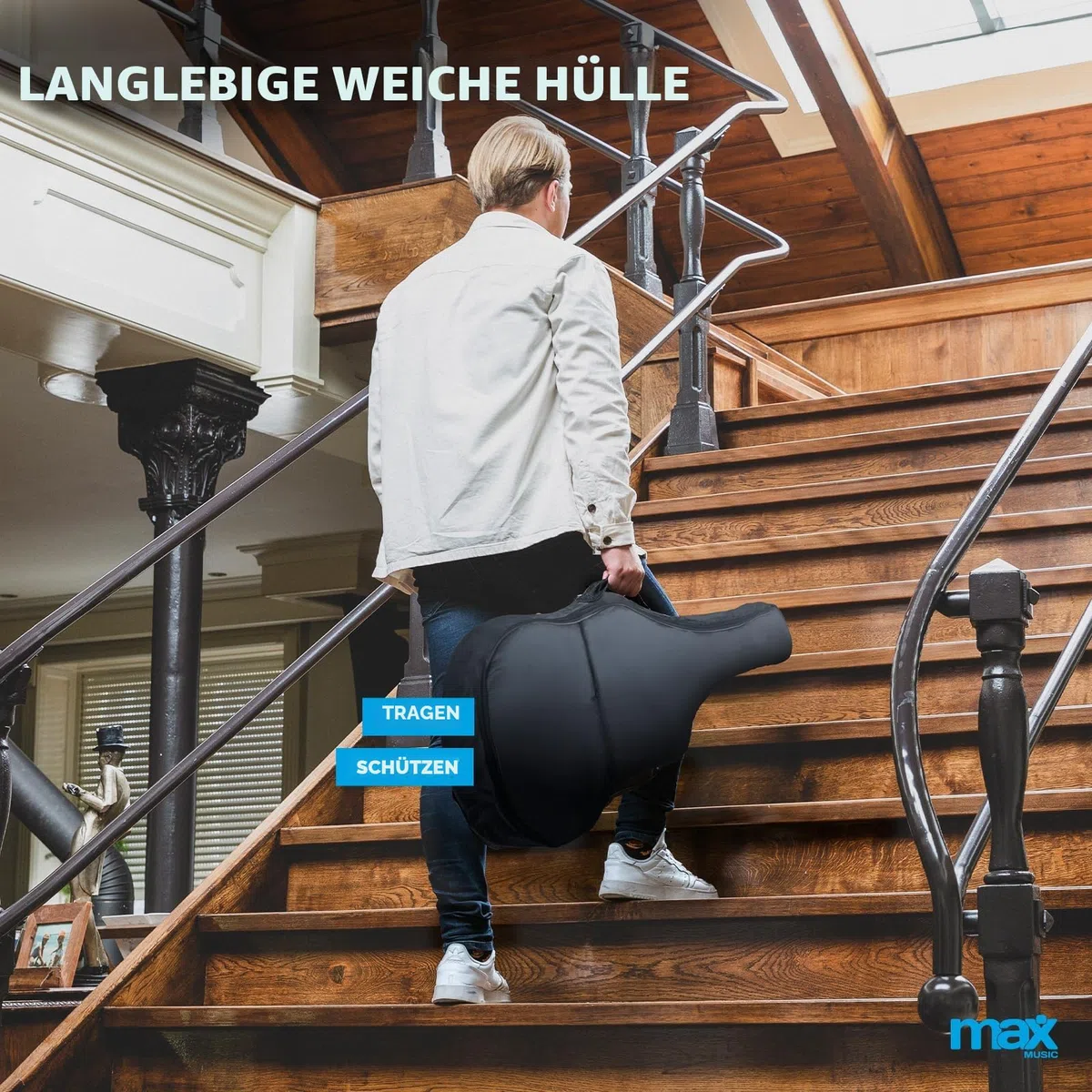 MAX SoloArt 4/4 Akustikgitarre für Anfänger Erwachsene inkl. Tasche Stimmgerät Zubehör Schwarz
